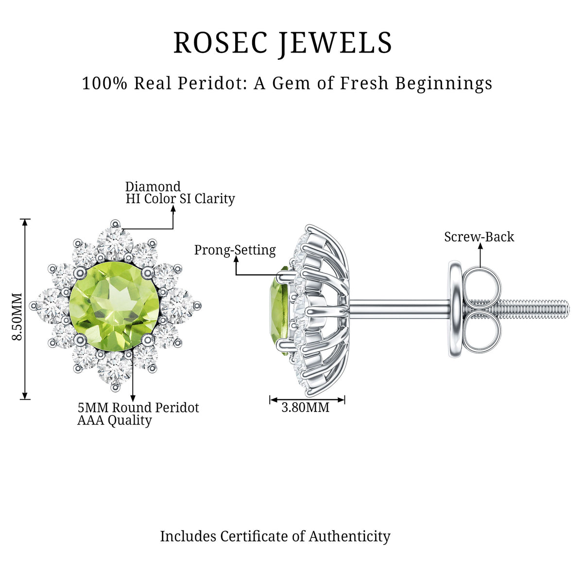 1 Carat Peridot Stud Earrings with Diamond Halo AAA - Rosec Jewels