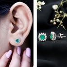 Real Emerald Stud Earrings with Diamond Halo AAA - Rosec Jewels