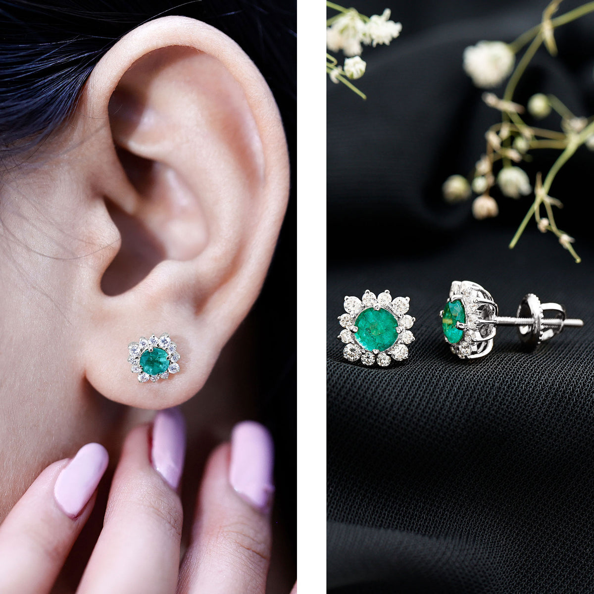 Real Emerald Stud Earrings with Diamond Halo AAA - Rosec Jewels