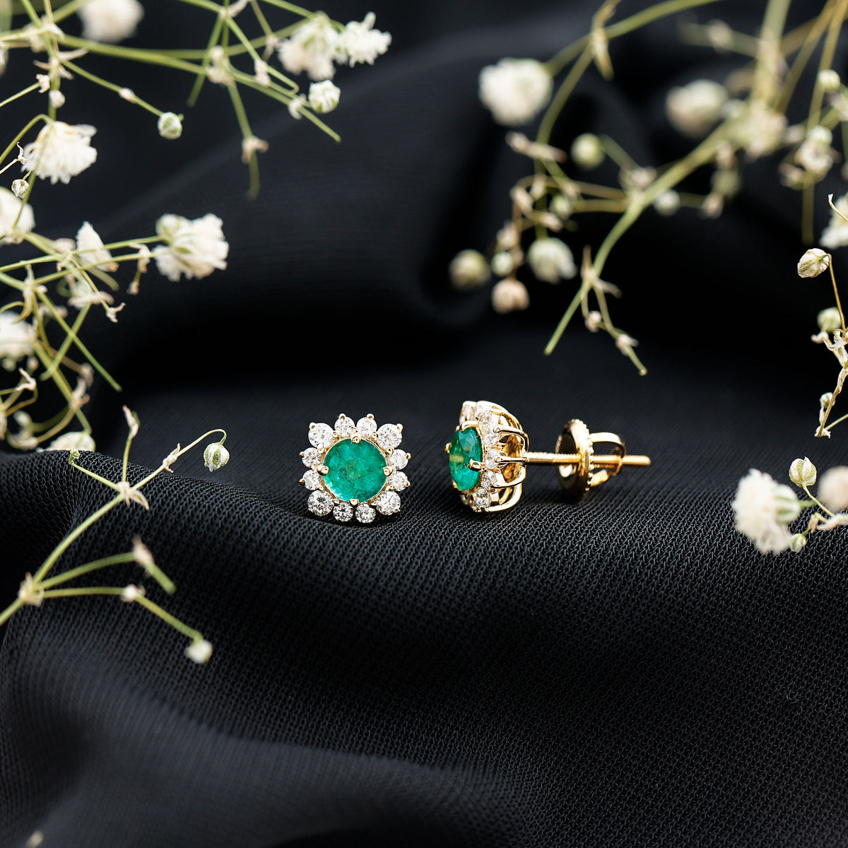 Real Emerald Stud Earrings with Diamond Halo AAA - Rosec Jewels