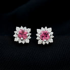 Round Pink Tourmaline Stud Earrings with Diamond Halo AAA - Rosec Jewels