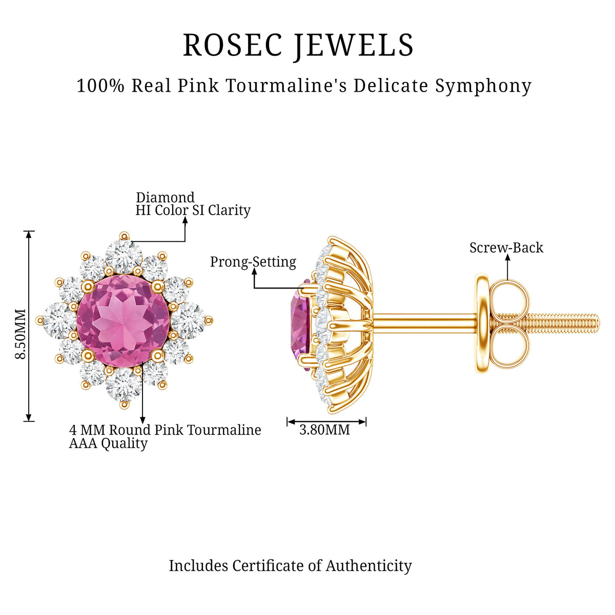 Round Pink Tourmaline Stud Earrings with Diamond Halo AAA - Rosec Jewels