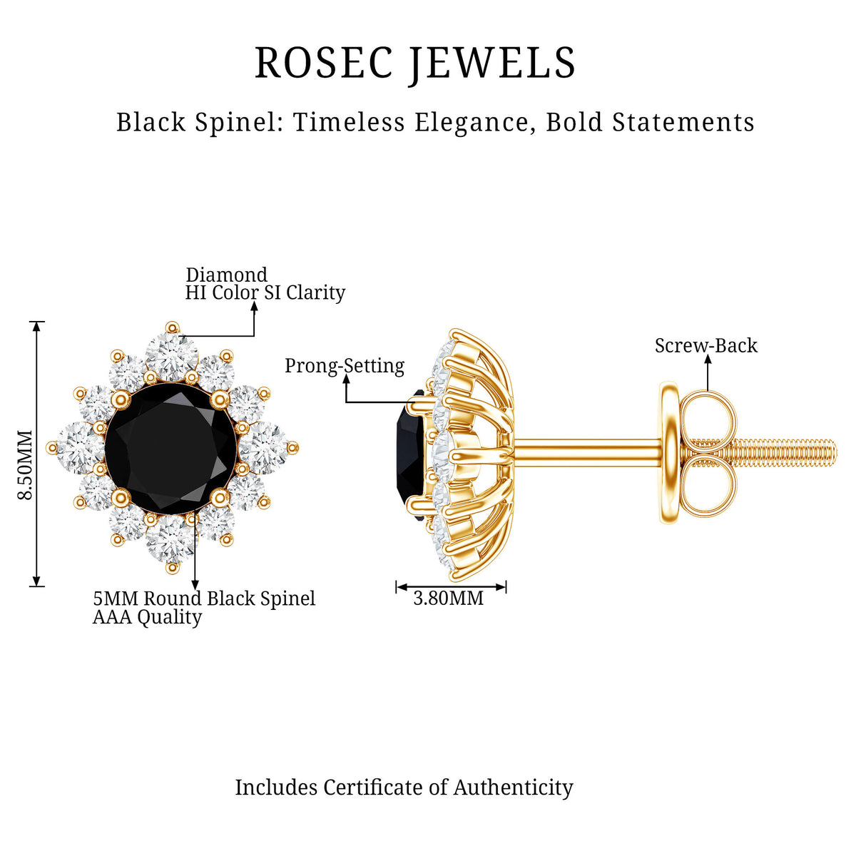 0.9 Carat Black Spinel and Diamond Classic Halo Stud Earrings AAA - Rosec Jewels