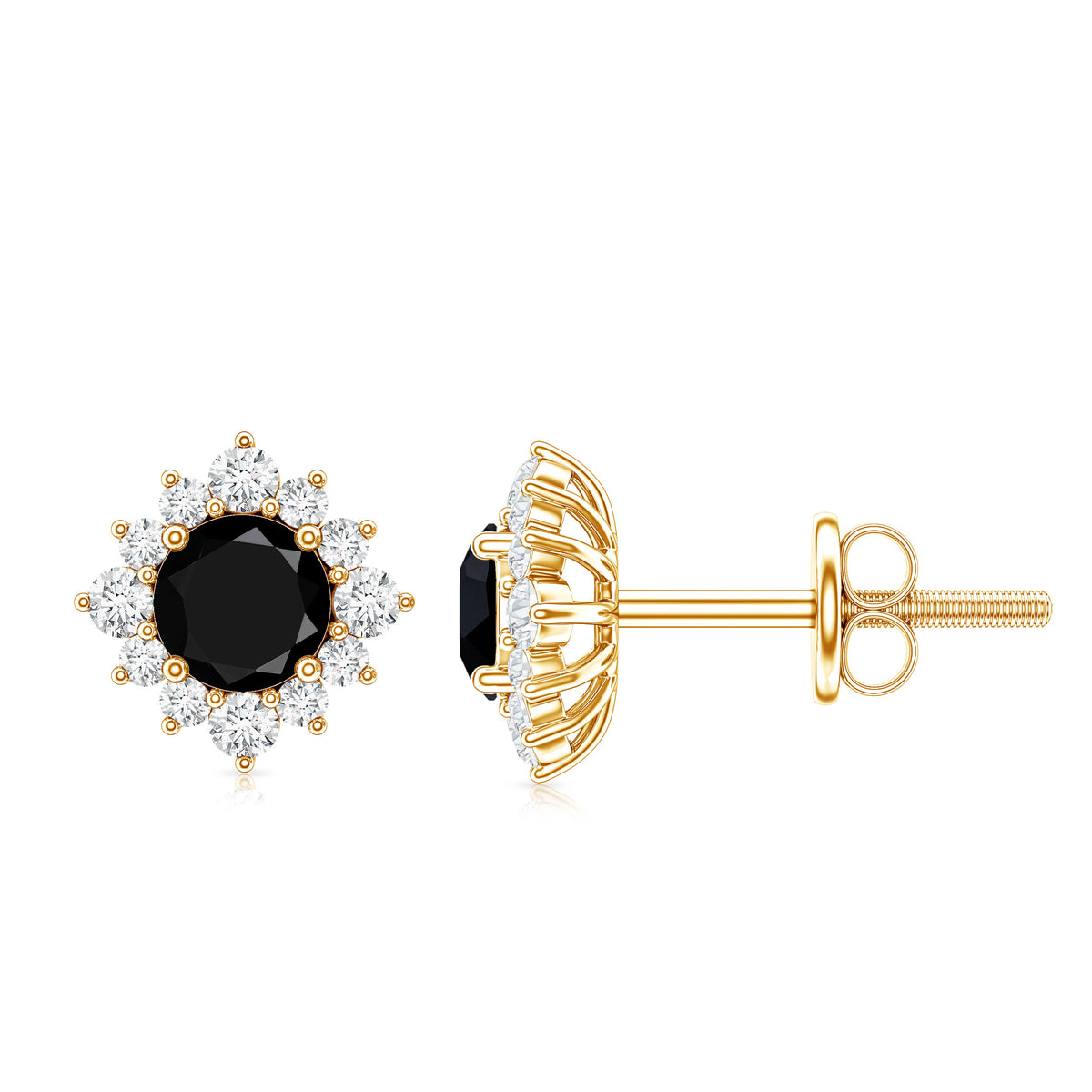 0.9 Carat Black Spinel and Diamond Classic Halo Stud Earrings AAA - Rosec Jewels