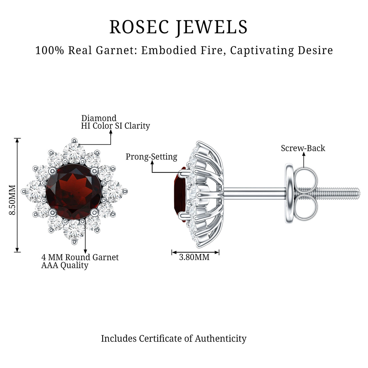 0.6 Carat Garnet Classic Stud Earrings with Diamond Halo AAA - Rosec Jewels