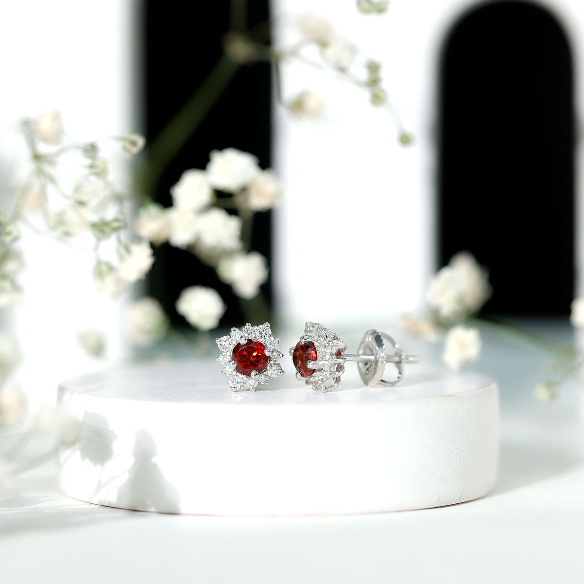 0.6 Carat Garnet Classic Stud Earrings with Diamond Halo AAA - Rosec Jewels