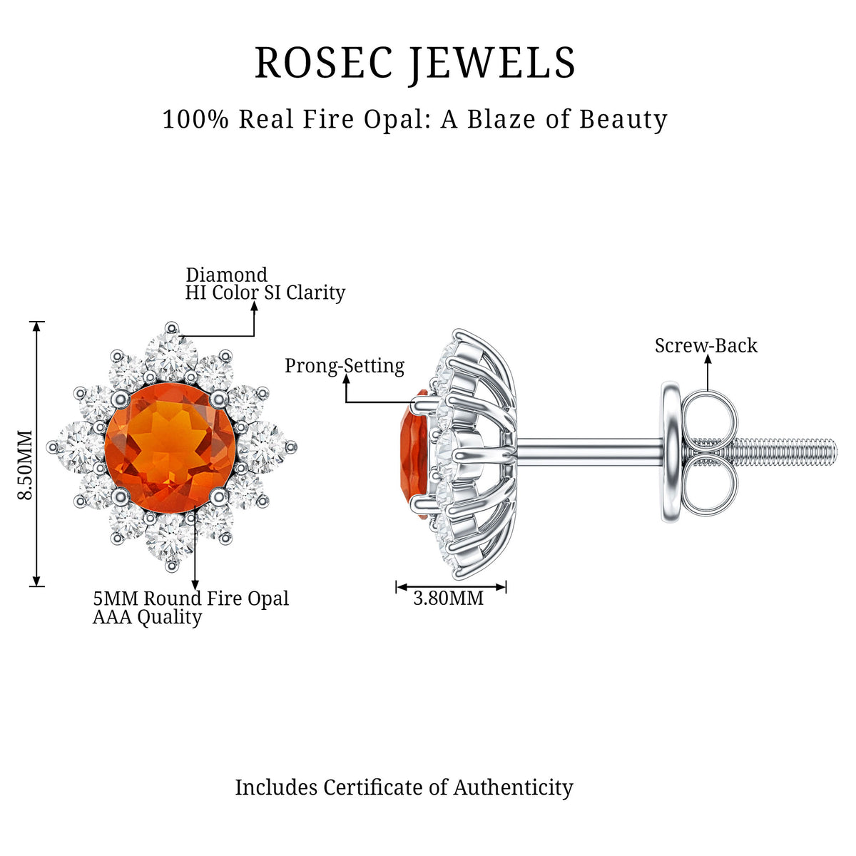 0.9 Carat Classic Fire Opal Stud Earrings with Diamond Halo AAA - Rosec Jewels