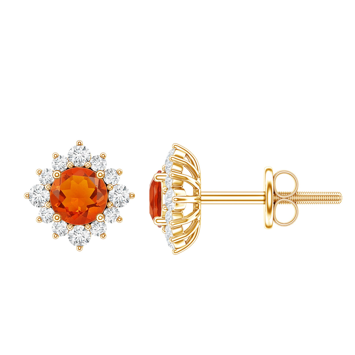 0.9 Carat Classic Fire Opal Stud Earrings with Diamond Halo AAA - Rosec Jewels
