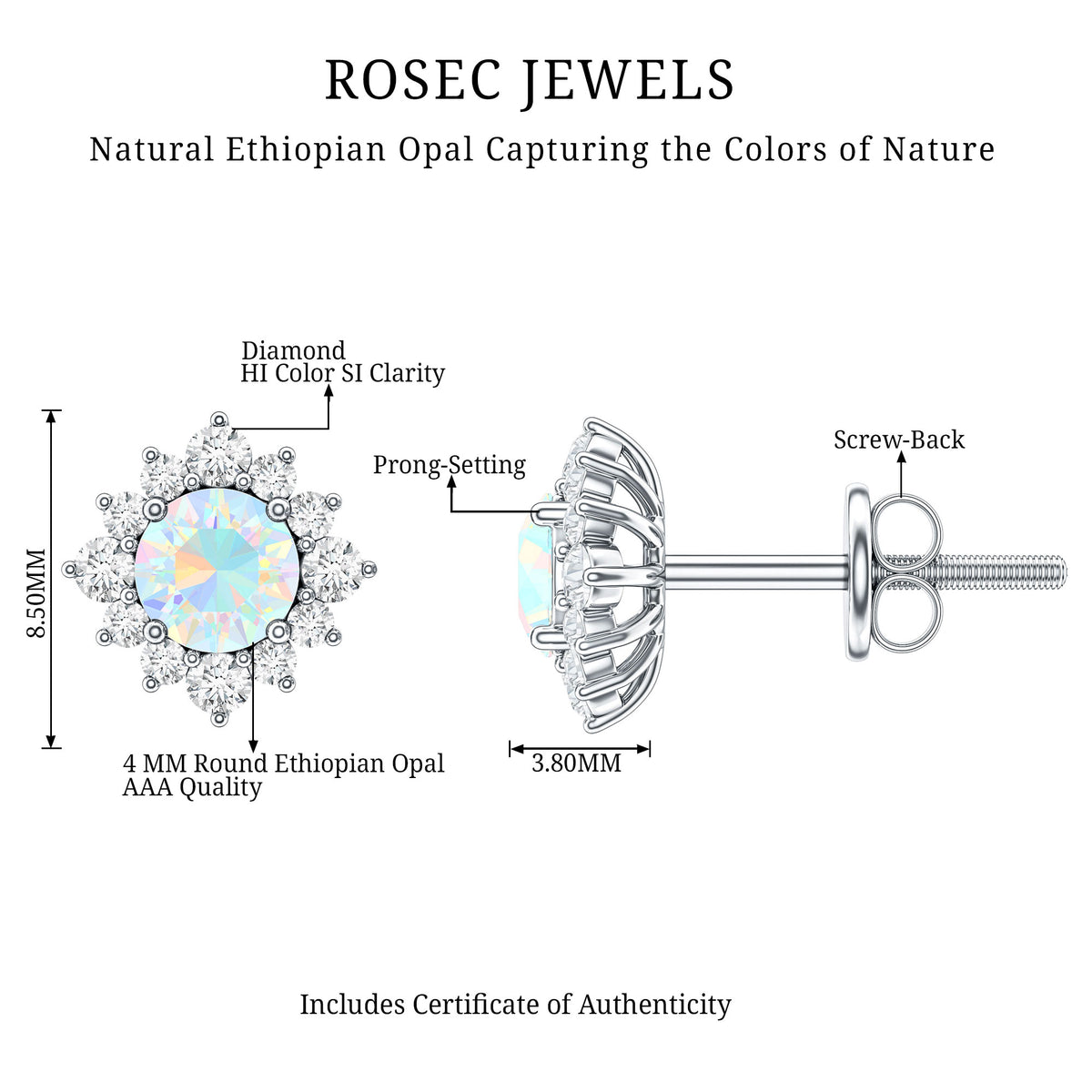 Classic Ethiopian Opal Stud Earrings with Diamond Halo AAA - Rosec Jewels