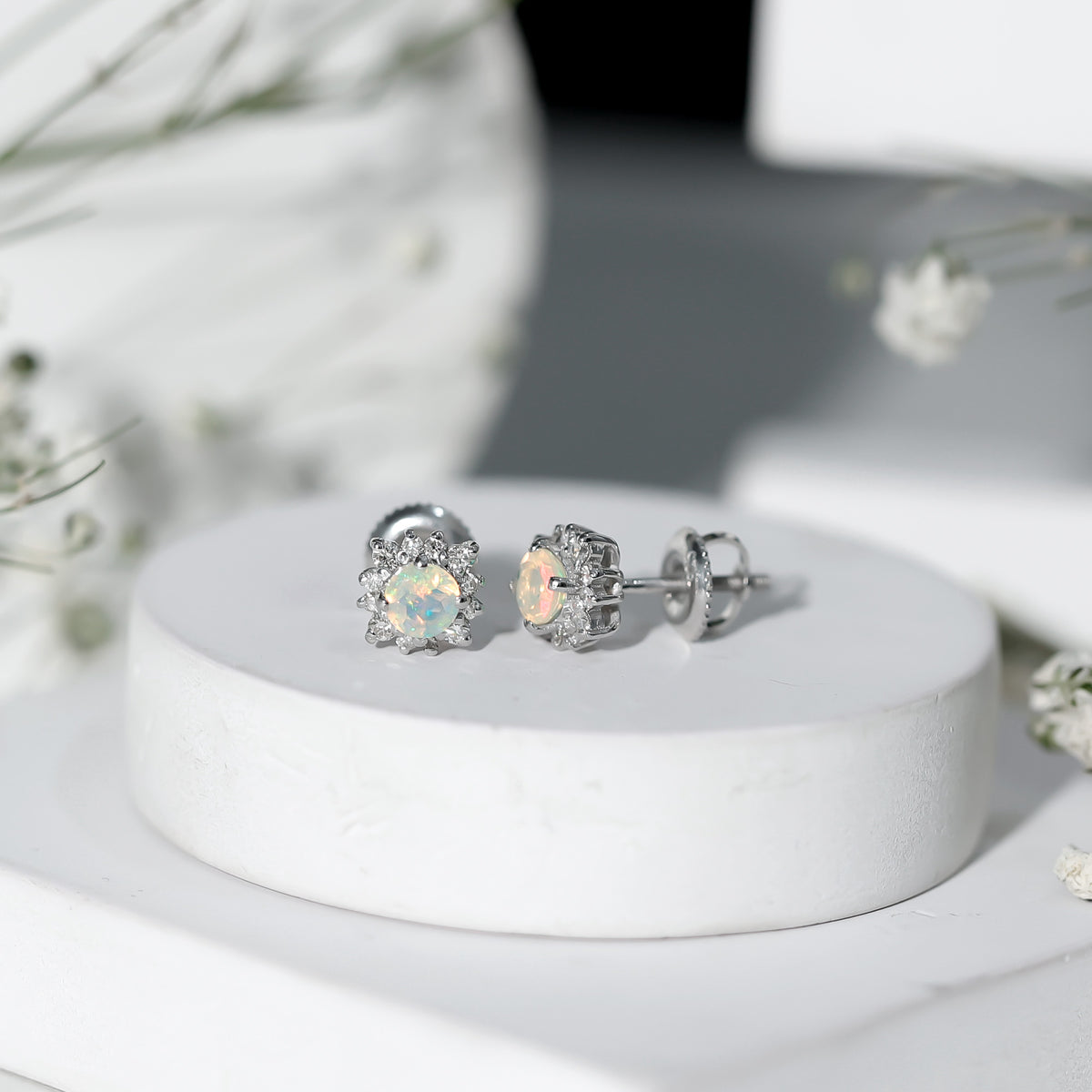 Classic Ethiopian Opal Stud Earrings with Diamond Halo AAA - Rosec Jewels