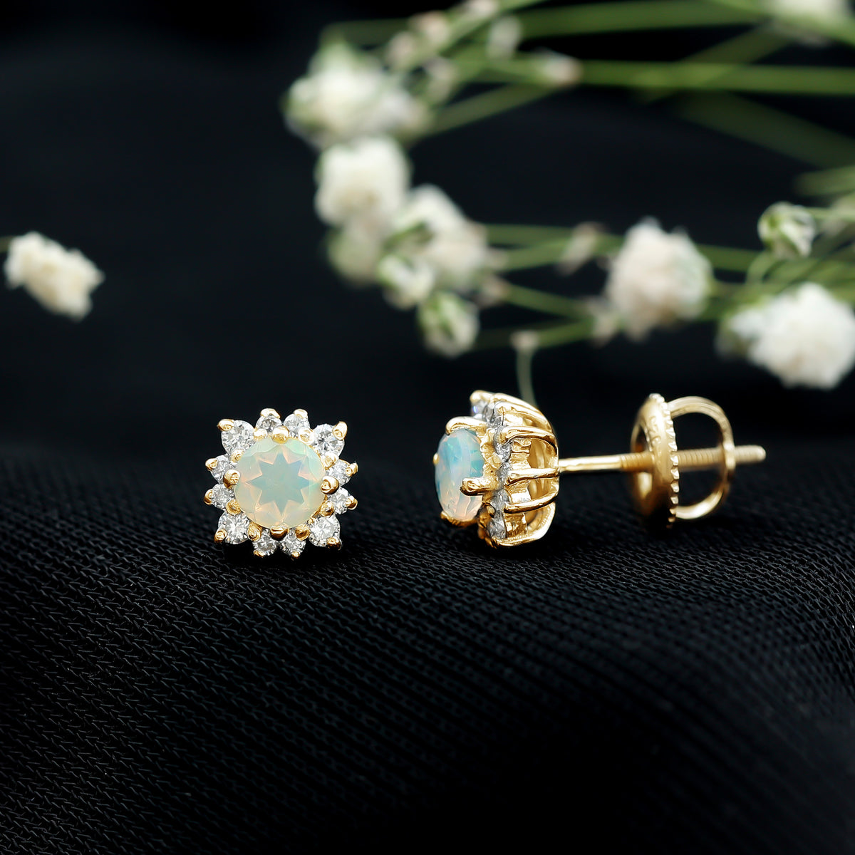 Classic Ethiopian Opal Stud Earrings with Diamond Halo AAA - Rosec Jewels