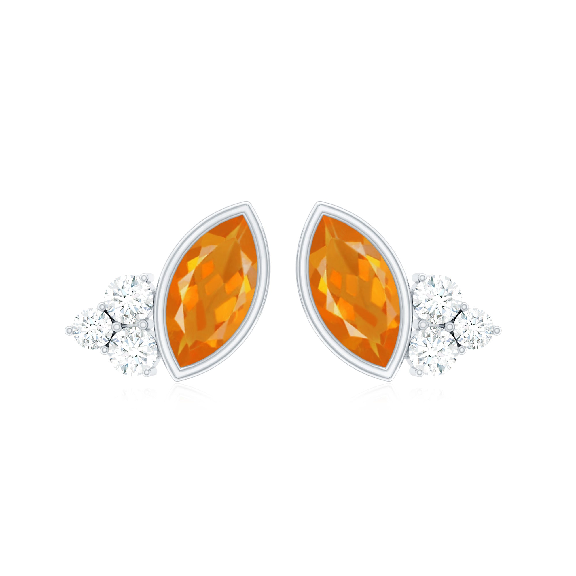 Marquise Cut Fire Opal Stud Earrings with Diamond Trio AAA - Rosec Jewels