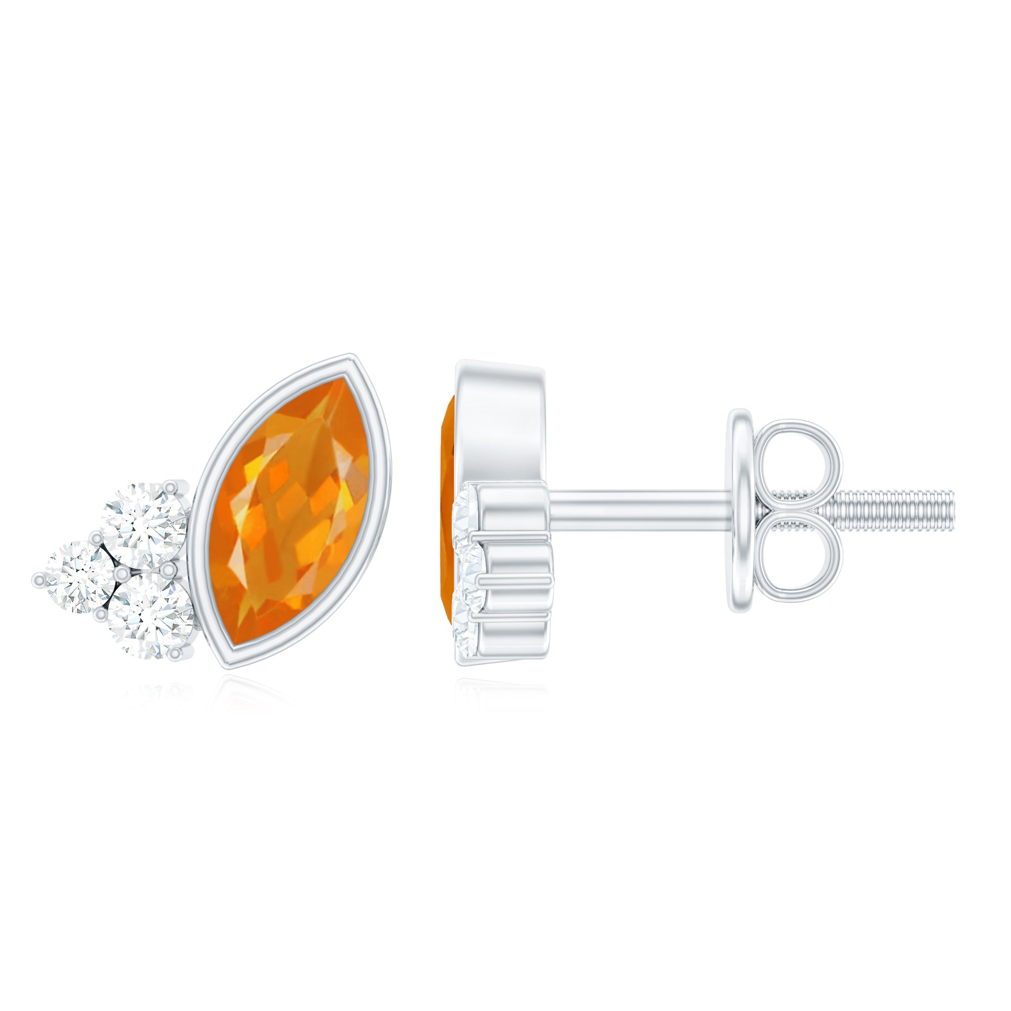 Marquise Cut Fire Opal Stud Earrings with Diamond Trio AAA - Rosec Jewels