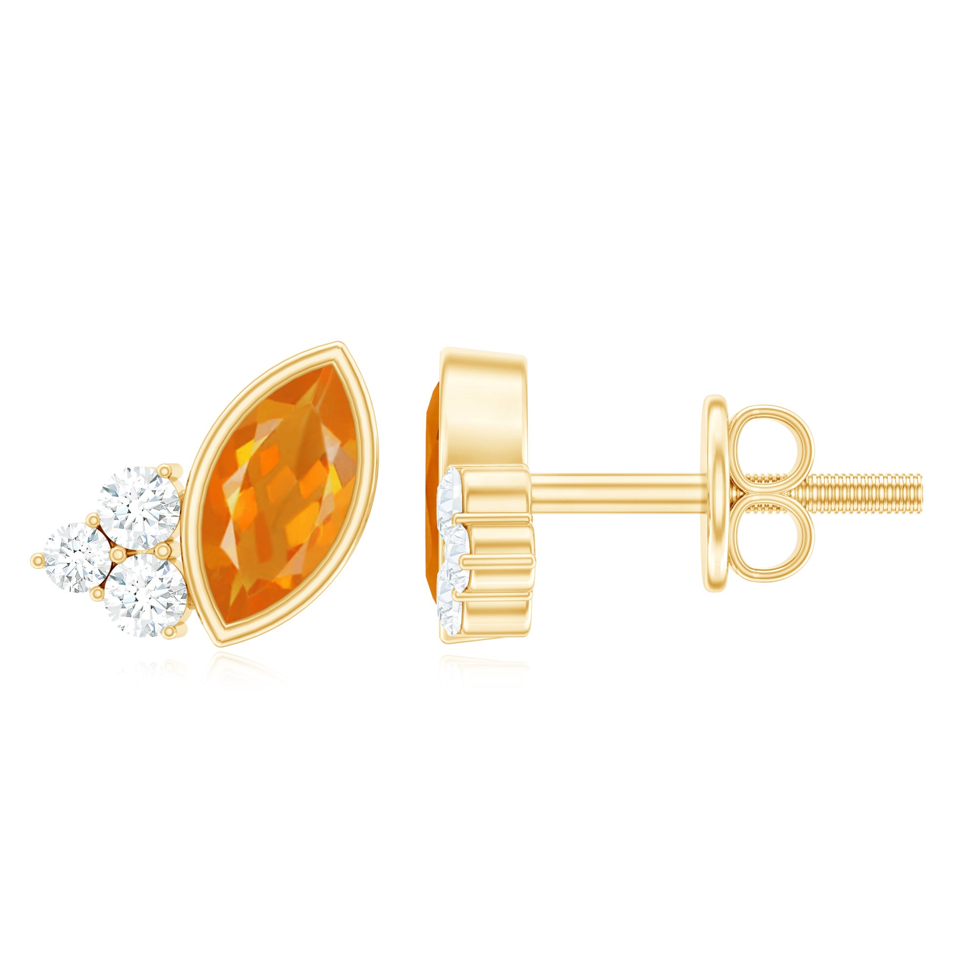 Marquise Cut Fire Opal Stud Earrings with Diamond Trio AAA - Rosec Jewels