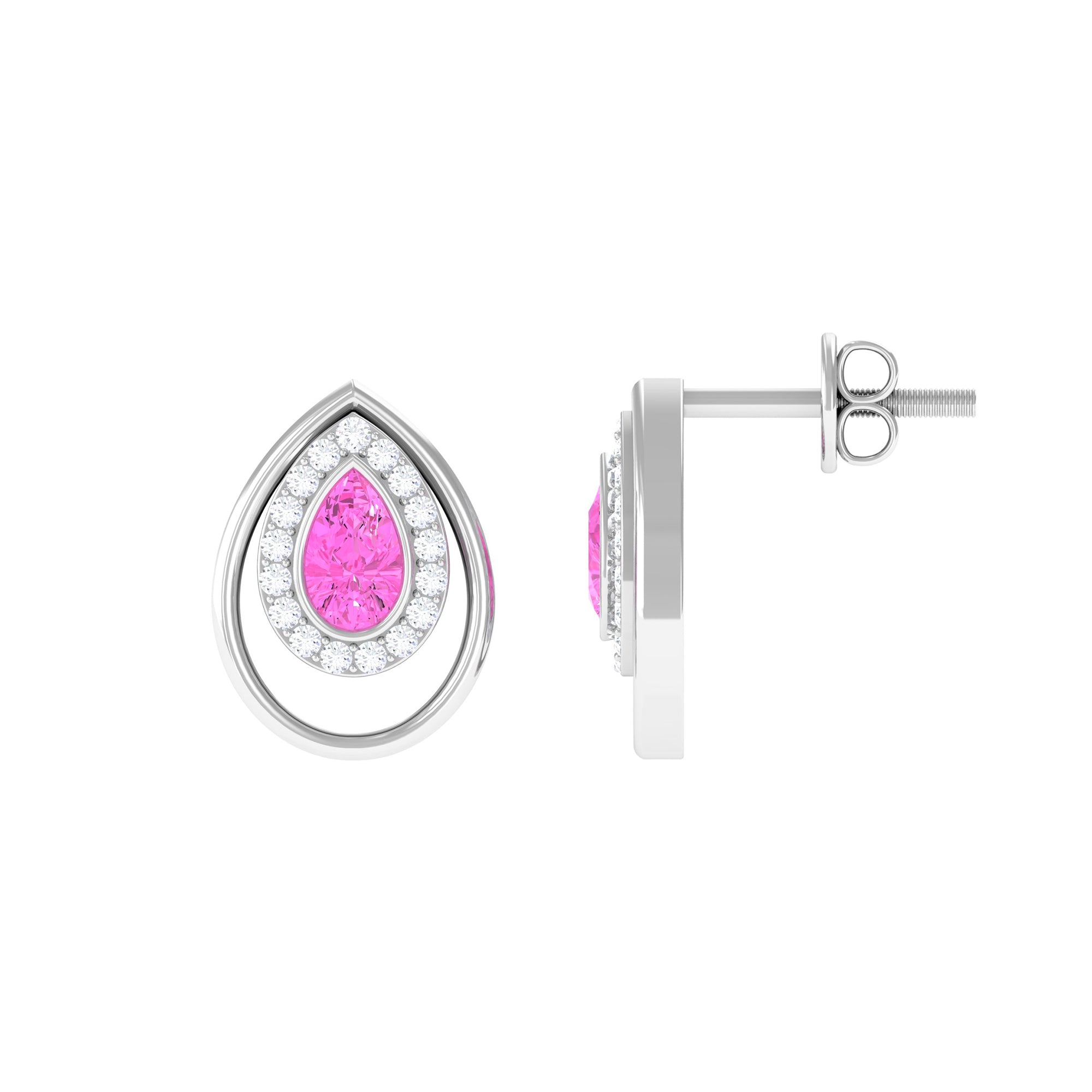 Teardrop Stud Earrings with Bezel Set Pink Sapphire and Diamond Pink Sapphire - ( AAA ) - Quality - Rosec Jewels