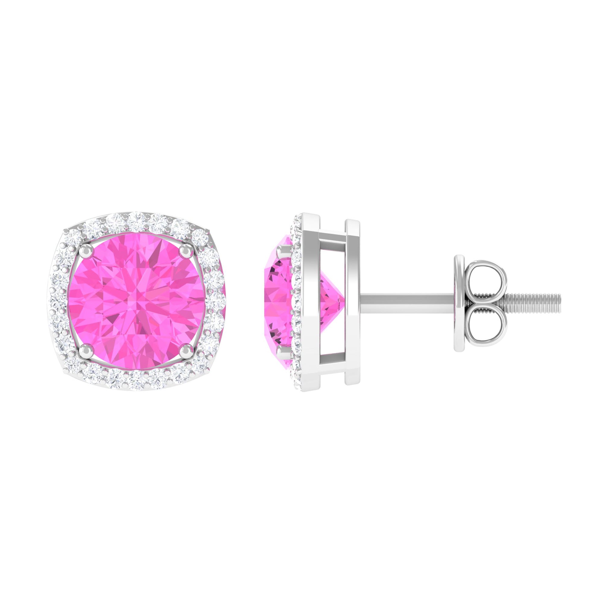 Classic Halo Stud Earrings with Round Pink Sapphire and Diamond Pink Sapphire - ( AAA ) - Quality - Rosec Jewels
