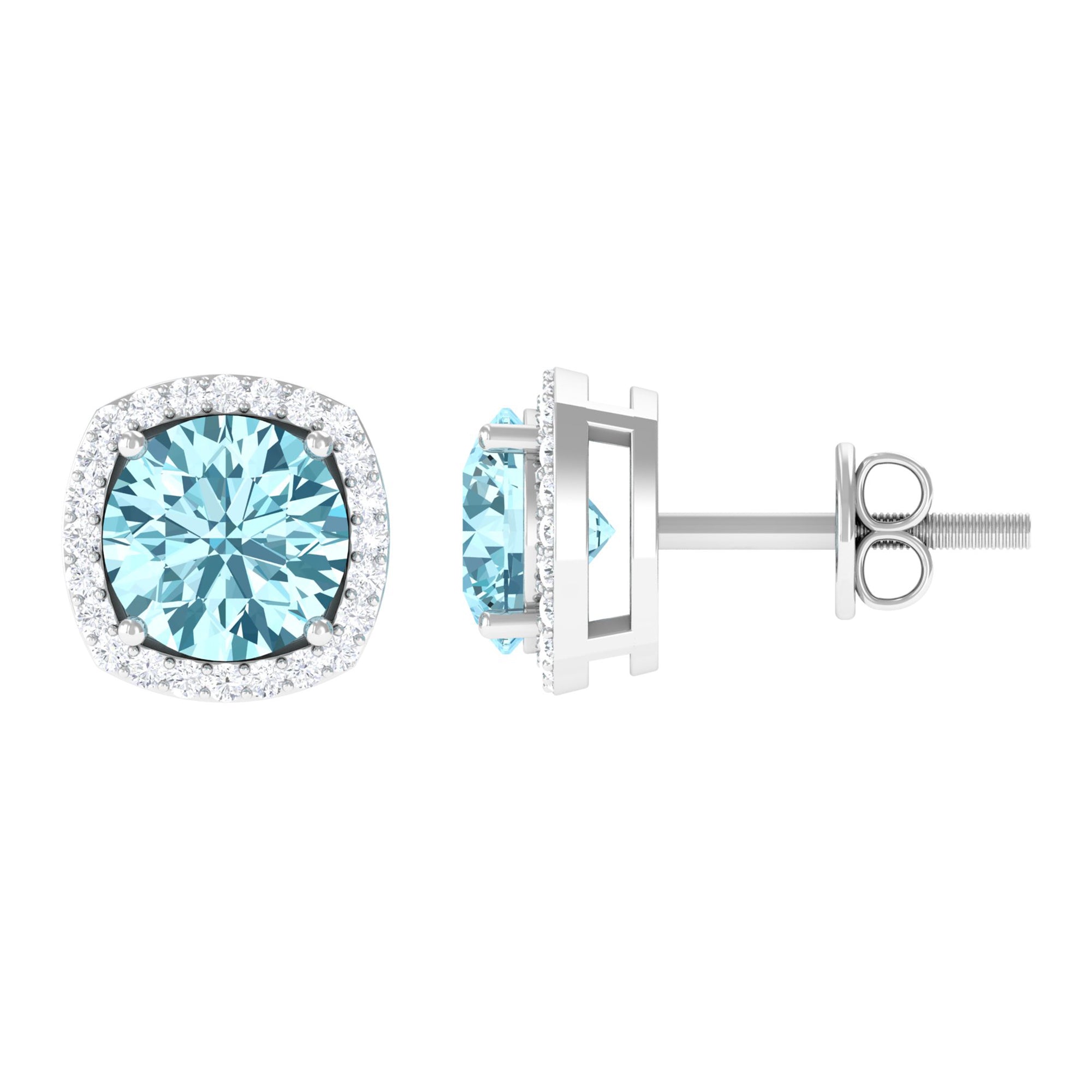 Round Shape Aquamarine Classic Halo Stud Earrings with Diamond Aquamarine - ( AAA ) - Quality - Rosec Jewels