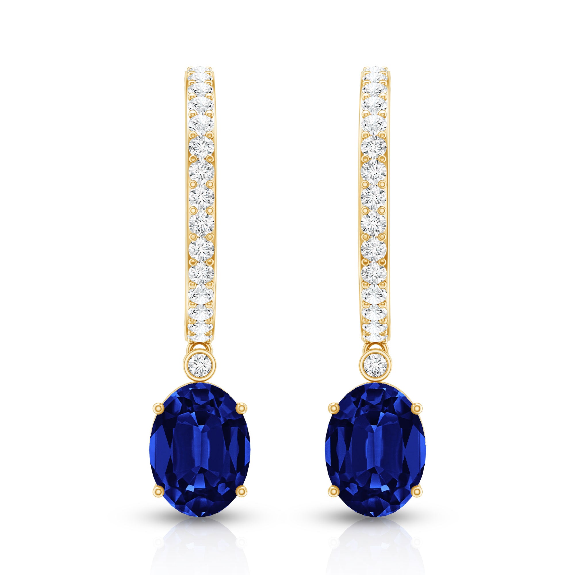 Oval Lab Created Blue Sapphire and Moissanite Hoop Drop Earrings AAAA - Rosec Jewels