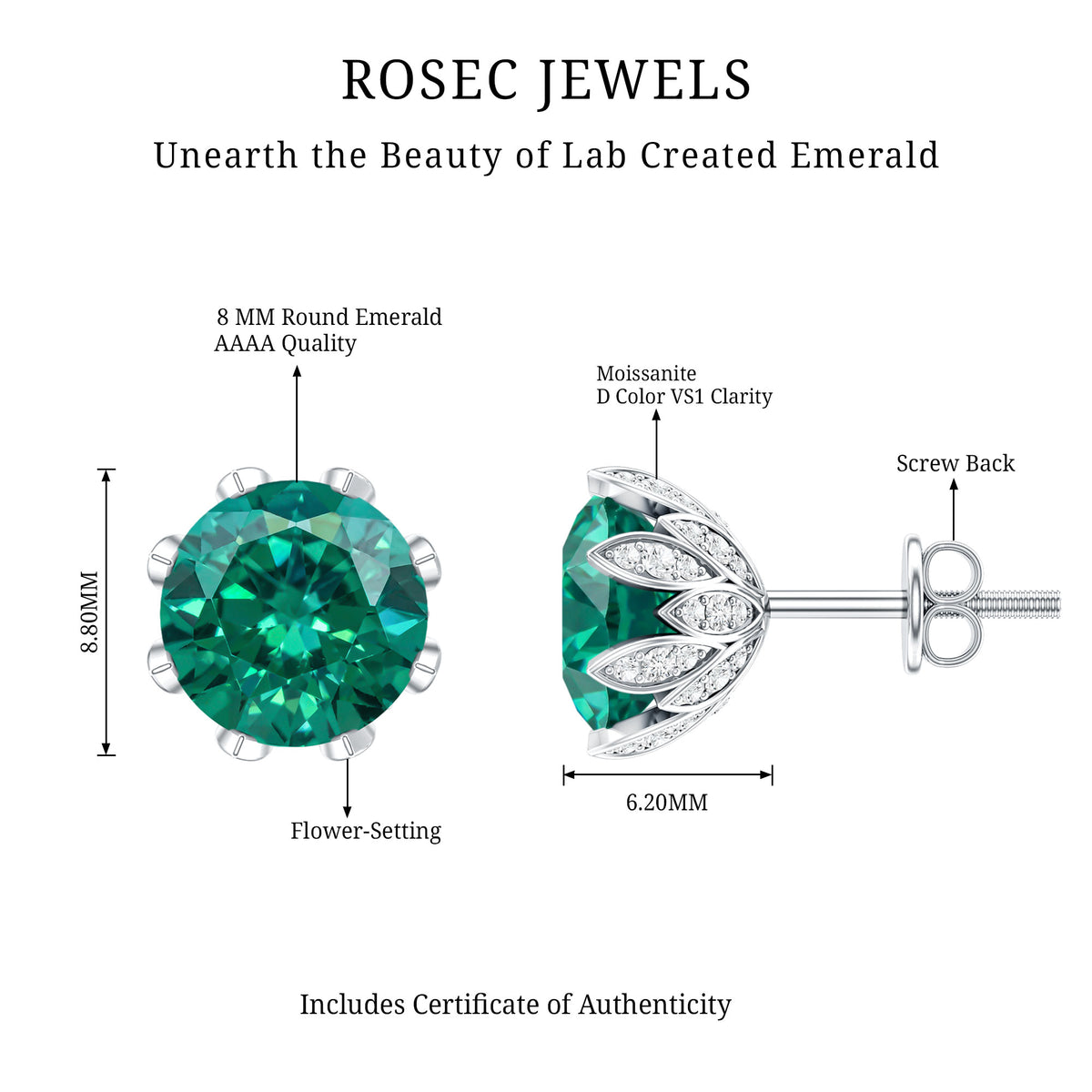 4.3 Carat Certified Lab Created Emerald Floral Stud Earrings AAAA - Rosec Jewels