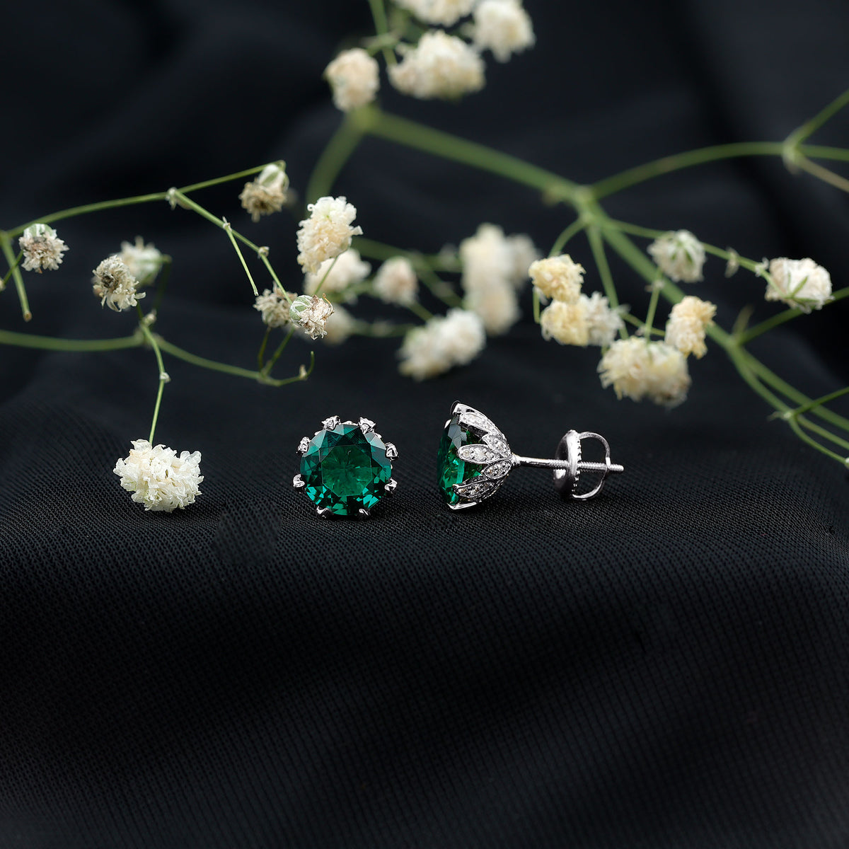 4.3 Carat Certified Lab Created Emerald Floral Stud Earrings AAAA - Rosec Jewels