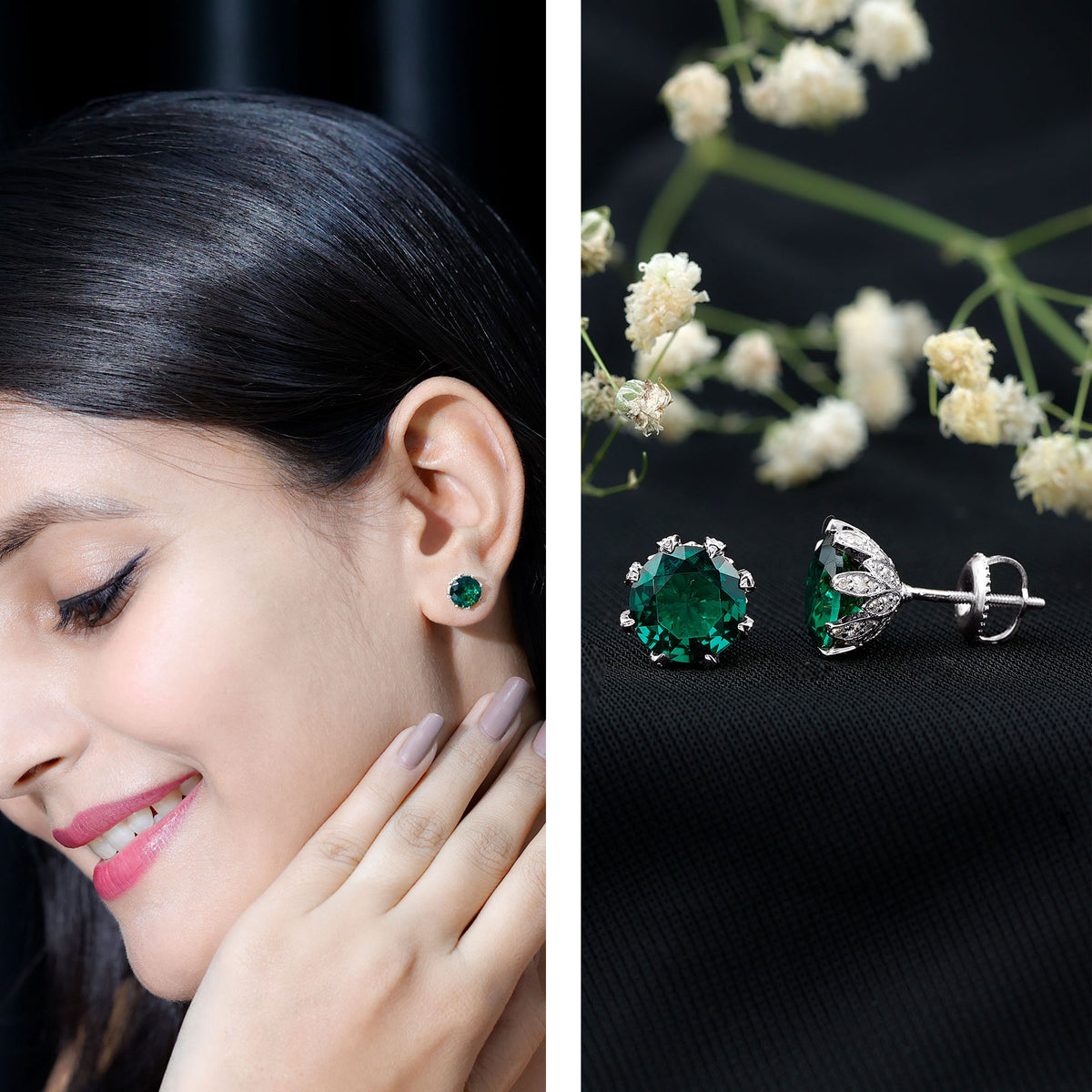 4.3 Carat Certified Lab Created Emerald Floral Stud Earrings AAAA - Rosec Jewels