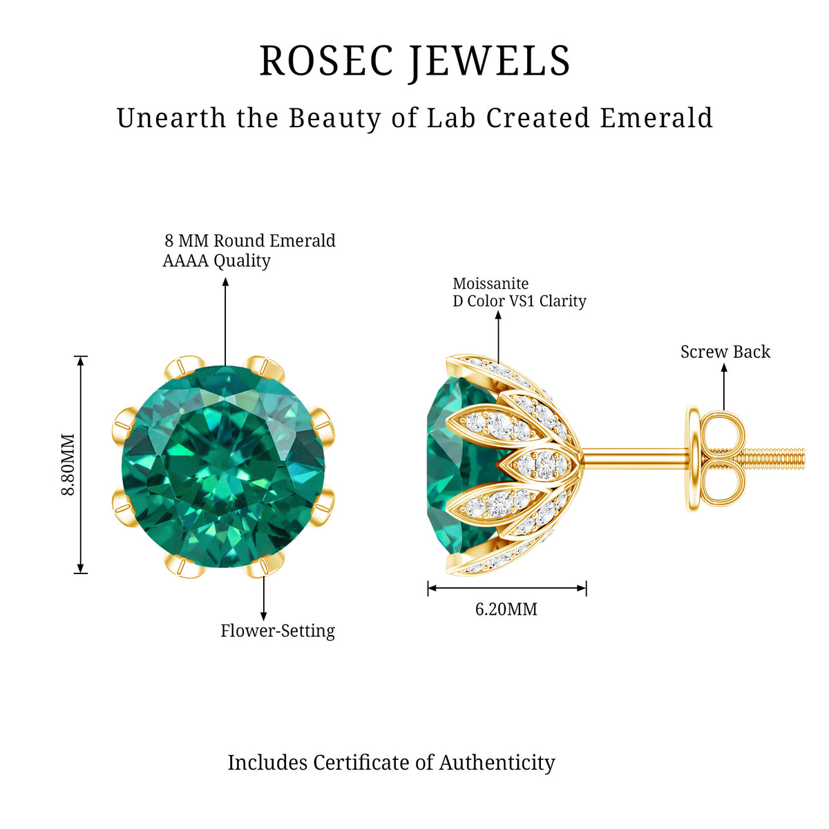 4.3 Carat Certified Lab Created Emerald Floral Stud Earrings AAAA - Rosec Jewels