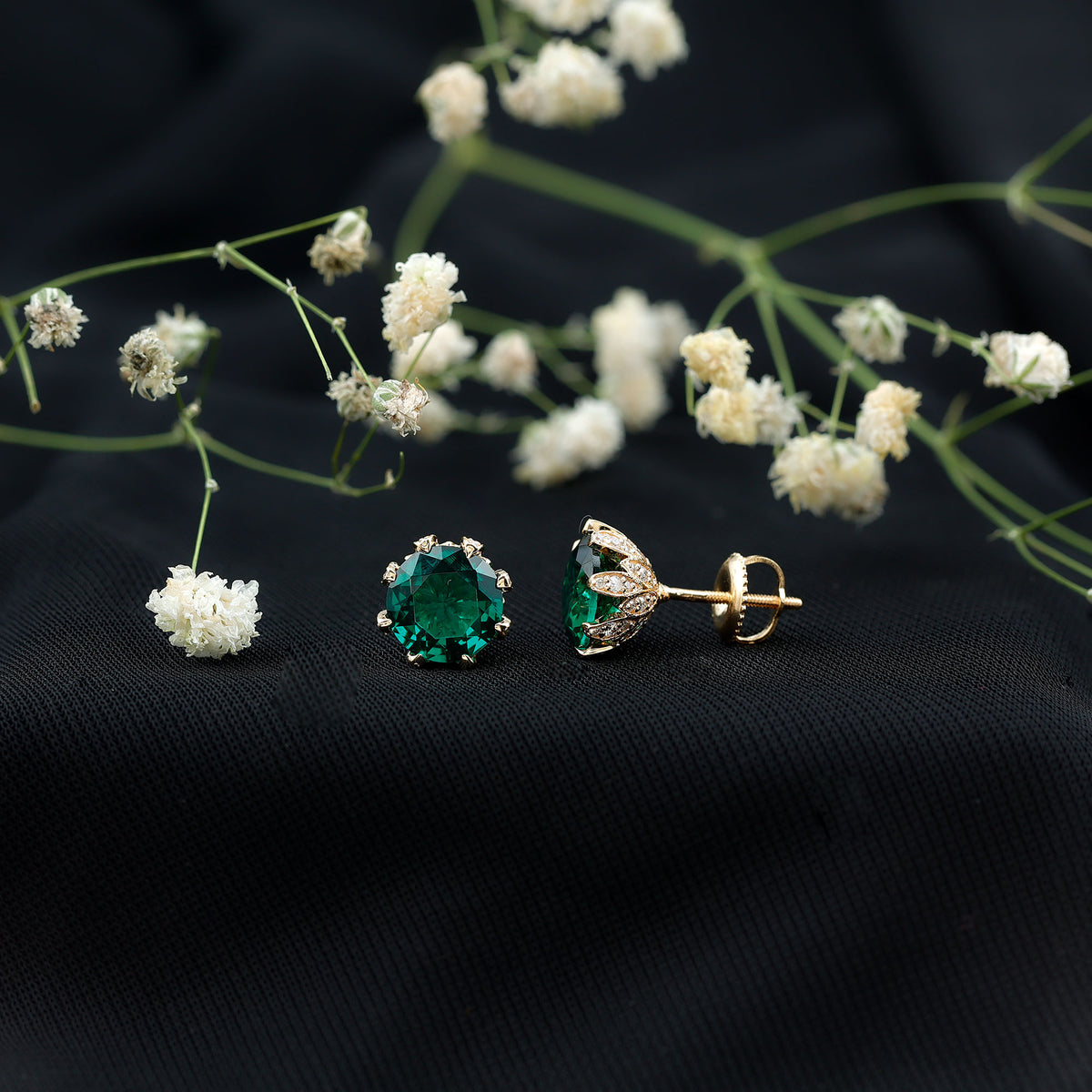 4.3 Carat Certified Lab Created Emerald Floral Stud Earrings AAAA - Rosec Jewels