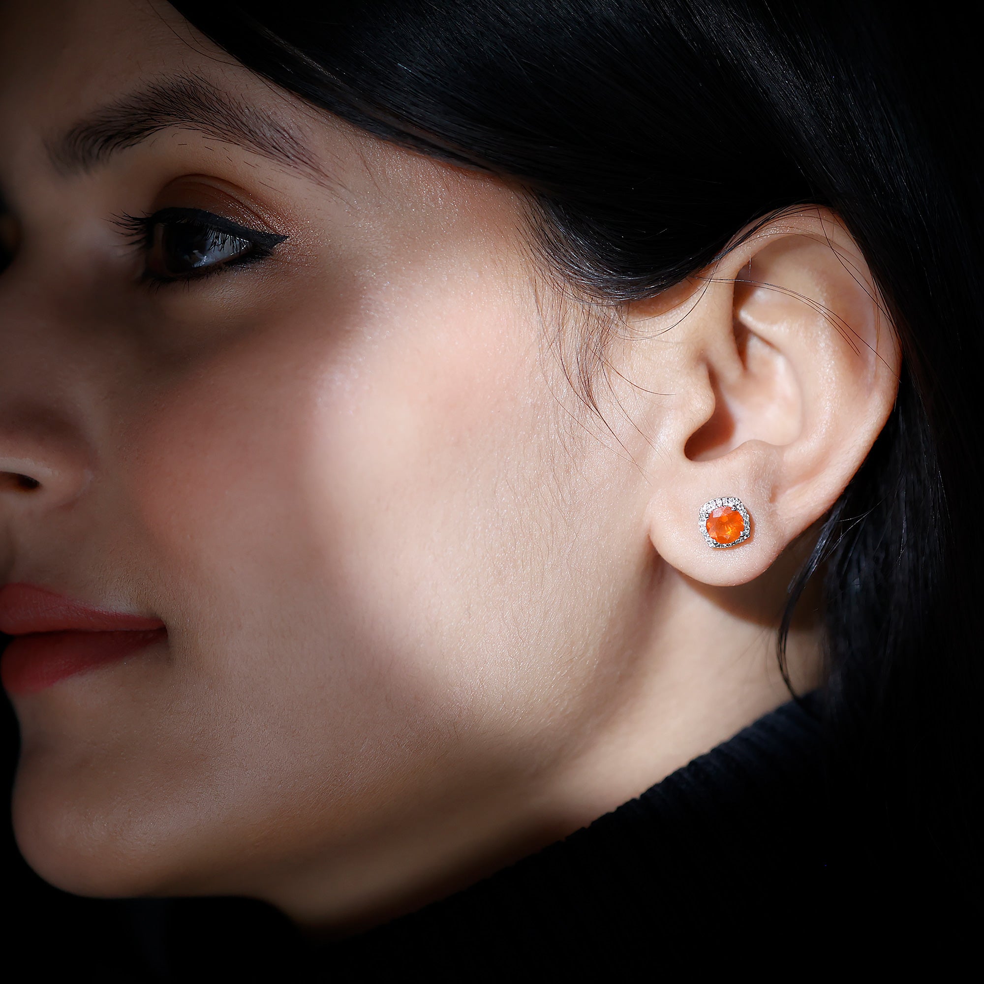 1.5 CT Round Fire Opal and Diamond Halo Stud Earrings AAA - Rosec Jewels
