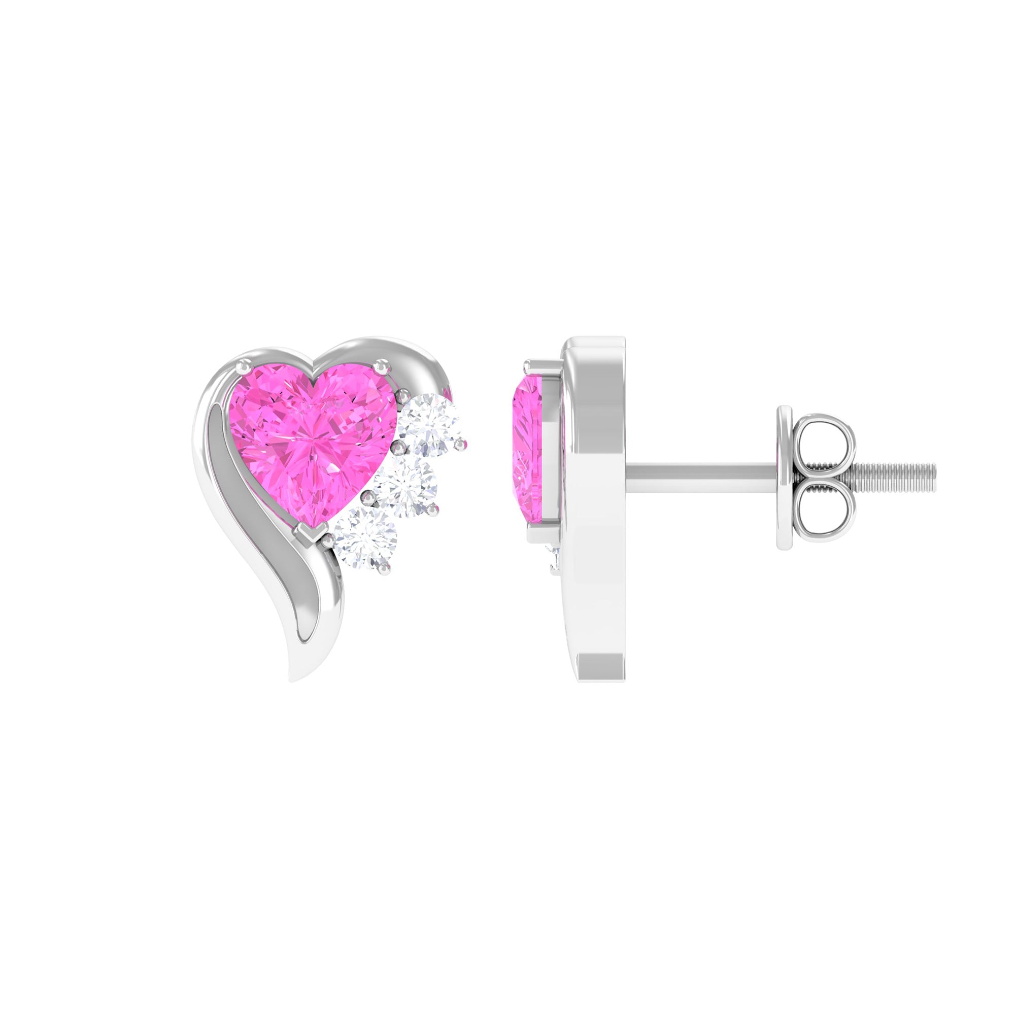 Minimal Heart Stud Earrings with Pink Sapphire and Diamond Pink Sapphire - ( AAA ) - Quality - Rosec Jewels