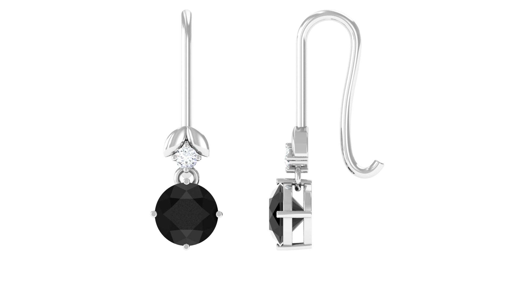 Natural Black Onyx Diamond Drop Earrings with Fish Hook
