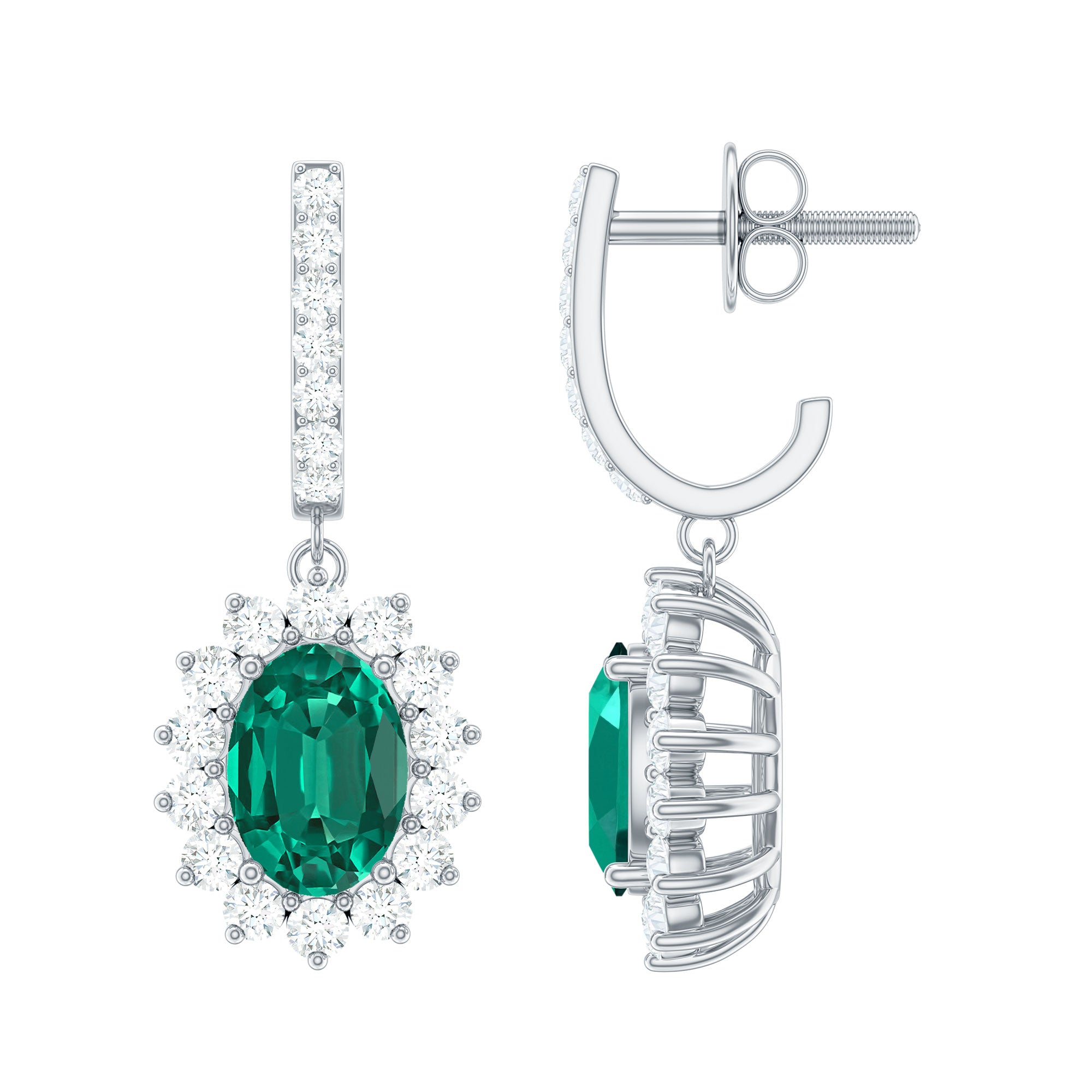 Princess Diana Inspired Lab Grown Emerald Hoop Drop Earrings With Moissanite Lab Created Emerald - ( AAAA ) - Quality - Rosec Jewels