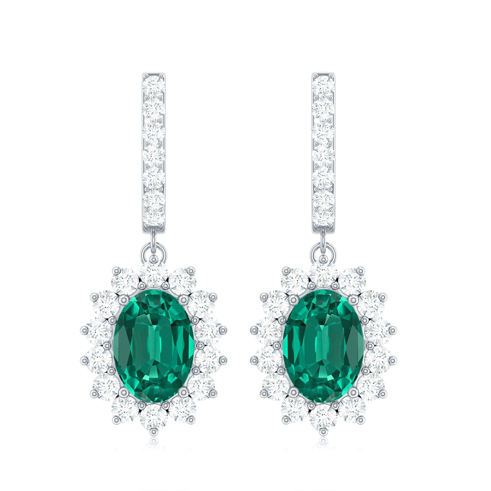 Princess Diana Inspired Lab Grown Emerald Hoop Drop Earrings With Moissanite Lab Created Emerald - ( AAAA ) - Quality - Rosec Jewels