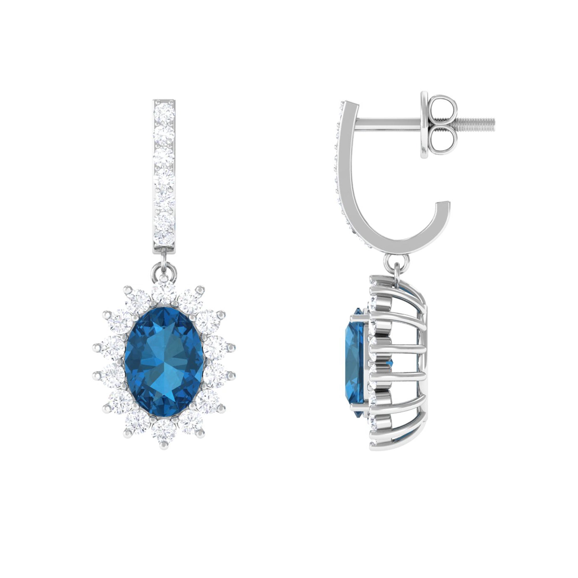 Certified London Blue Topaz and Diamond J Hoop Drop Earrings