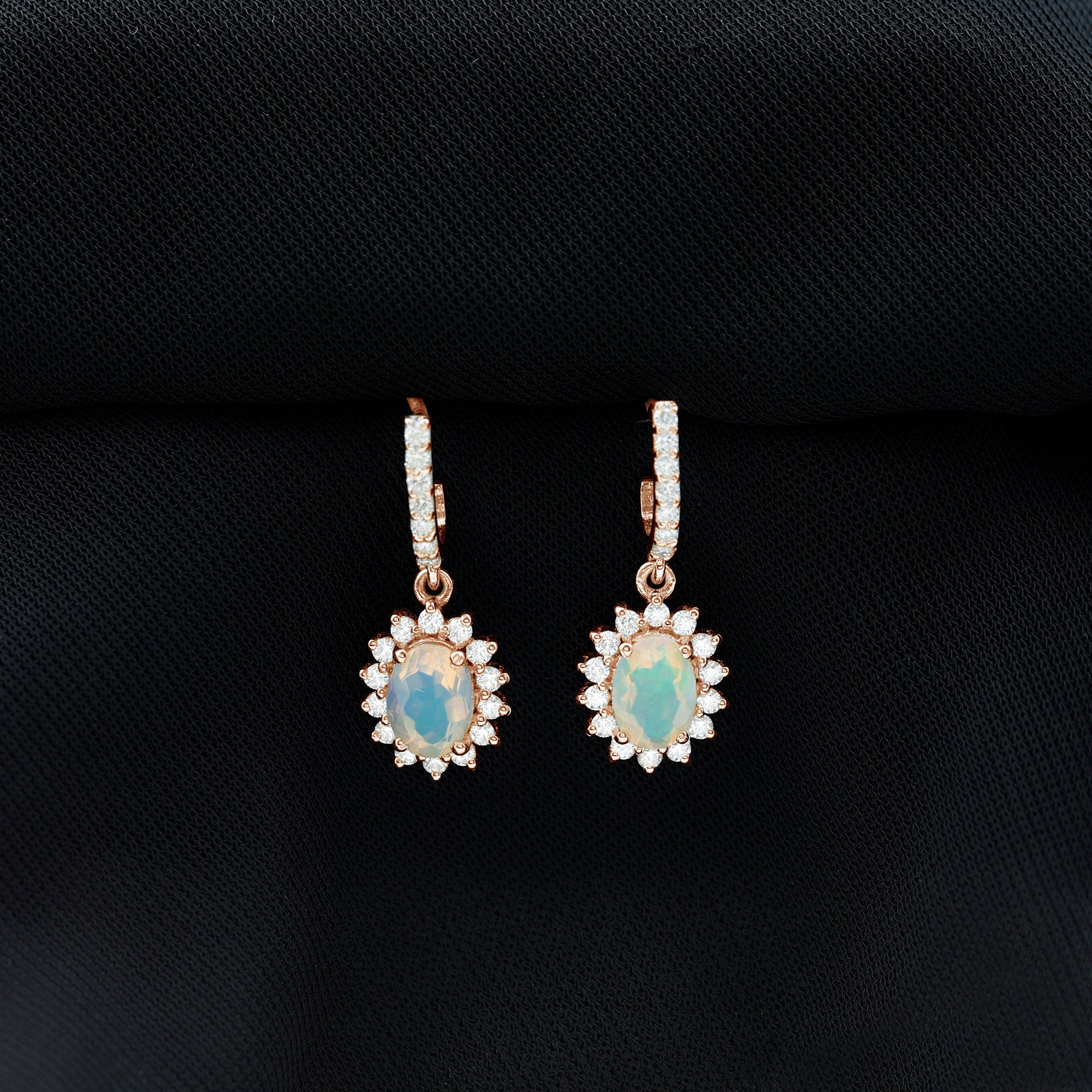 2.75 CT Oval Ethiopian Opal and Moissanite Sunburst J Hoop Drop Earrings Ethiopian Opal - ( AAA ) - Quality - Rosec Jewels