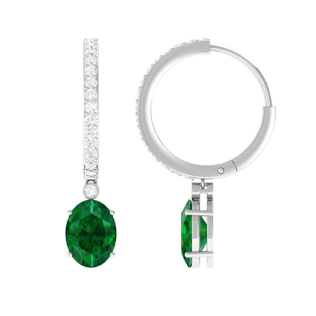 Oval Created Emerald and Diamond Hoop Drop Earrings