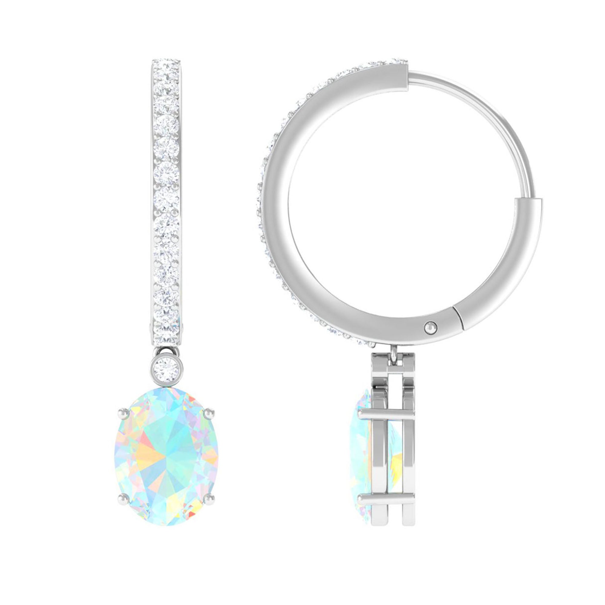 Oval Ethiopian Opal Hoop Drop Earrings with Moissanite Ethiopian Opal - ( AAA ) - Quality - Rosec Jewels