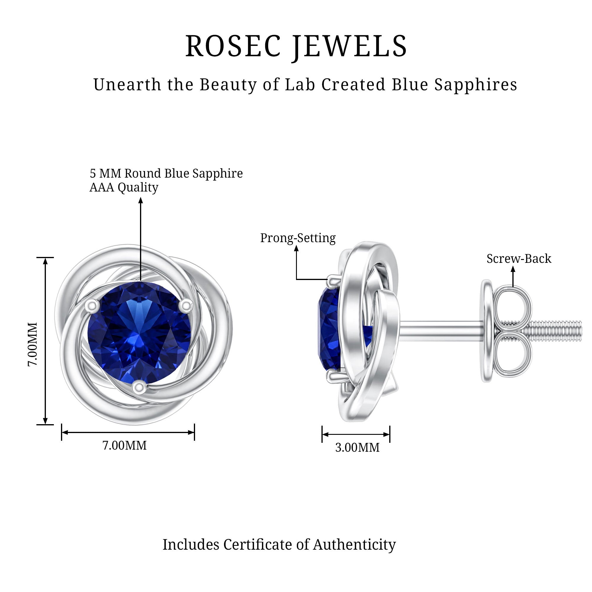 Created Blue Sapphire Solitaire Swirl Stud Earrings AAAA - Rosec Jewels
