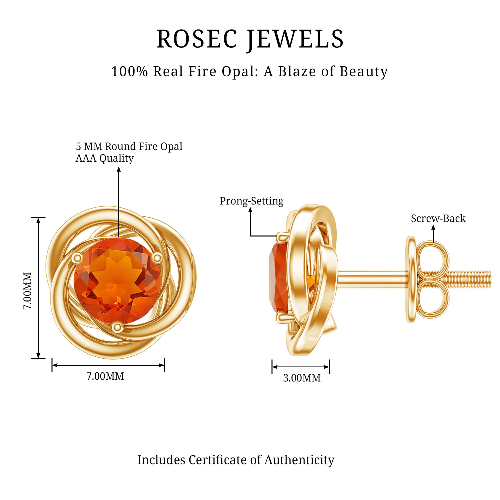Solitaire 0.9 Carat Fire Opal Swirl Stud Earrings in 3 Prong Setting AAA - Rosec Jewels