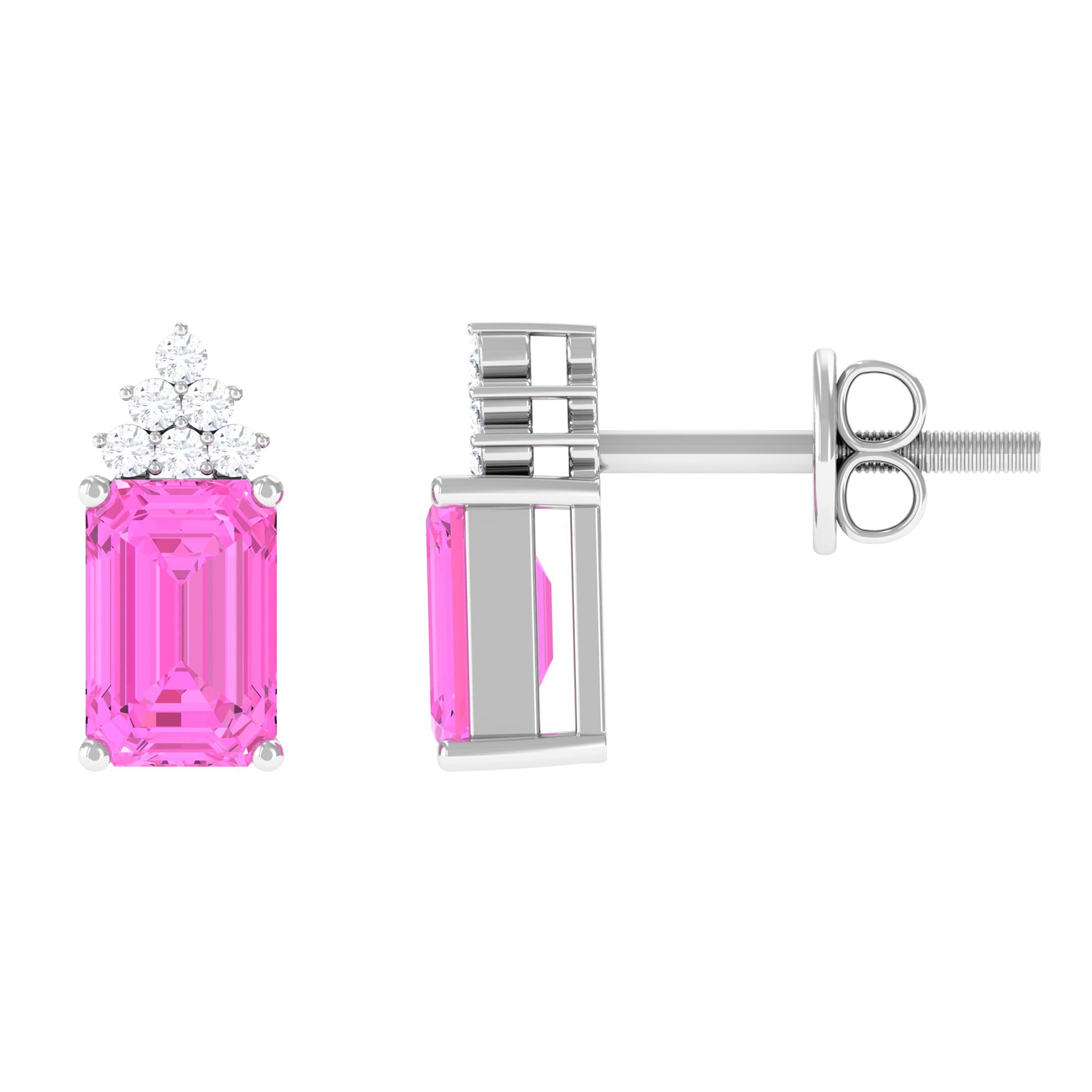 Solitaire Octagon Cut Pink Sapphire and Diamond Cluster Stud Earrings Pink Sapphire - ( AAA ) - Quality - Rosec Jewels