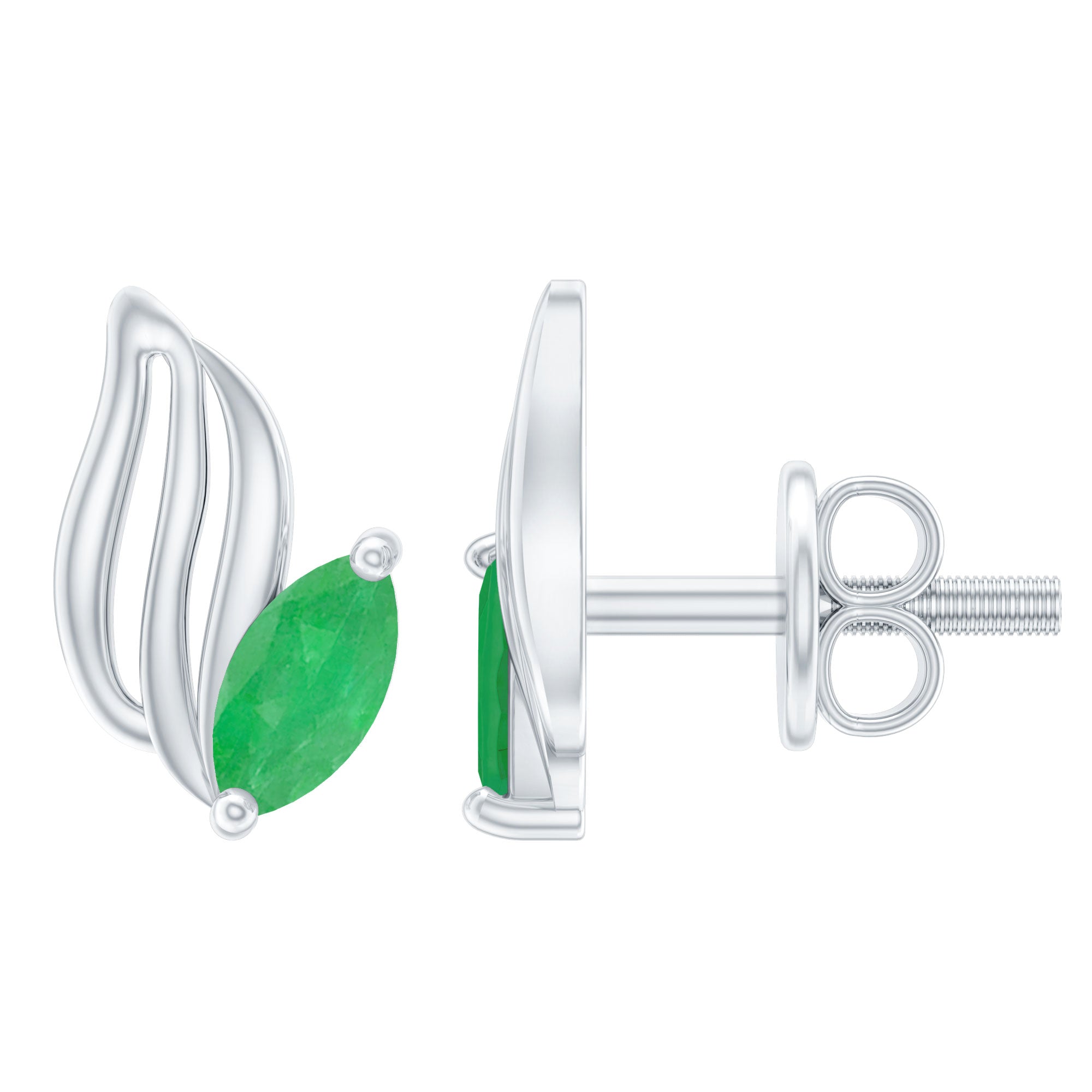 Marquise Shape Emerald Petal Stud Earrings with Screw Back