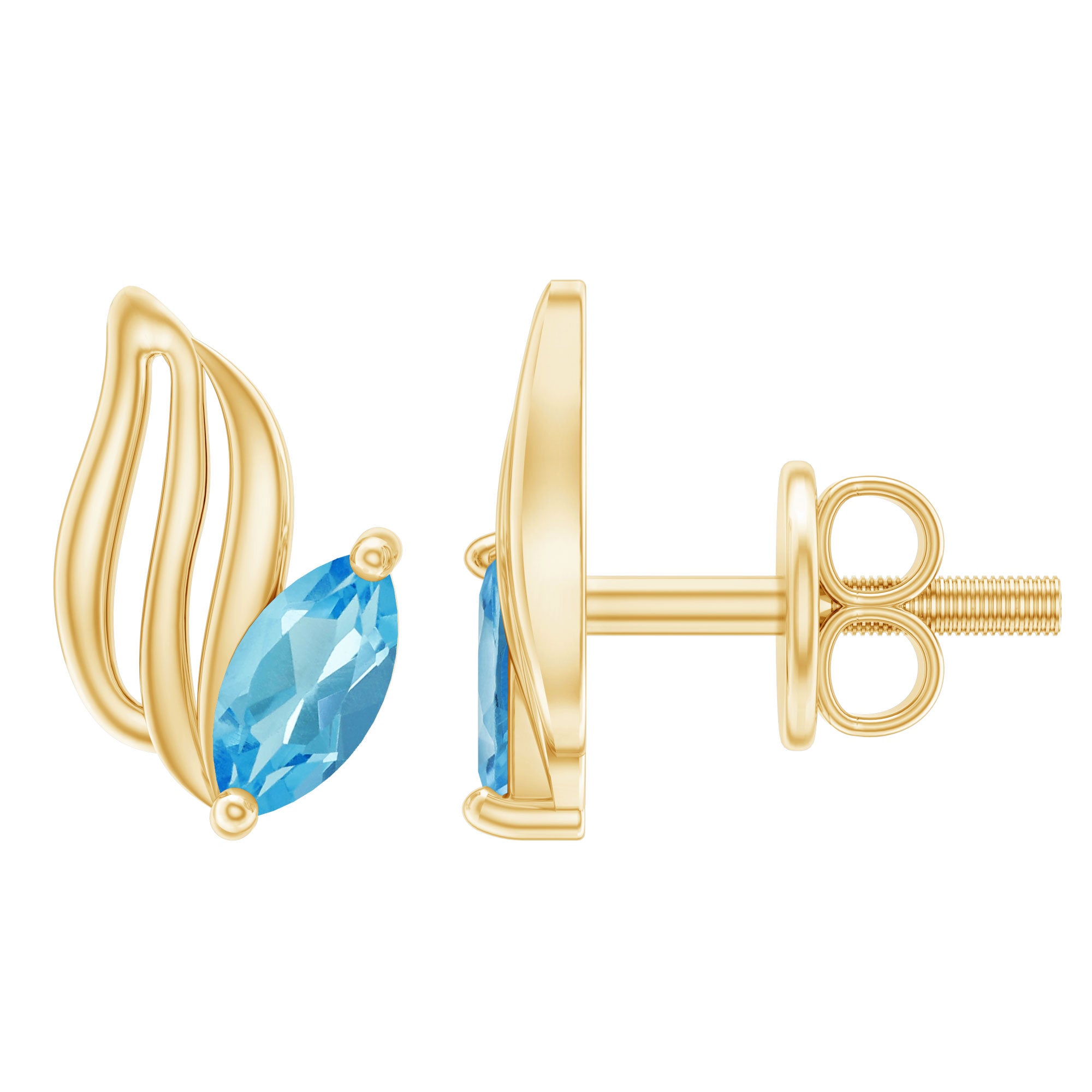 Marquise Shaped Swiss Blue Topaz Leaf Stud Earrings in Silver