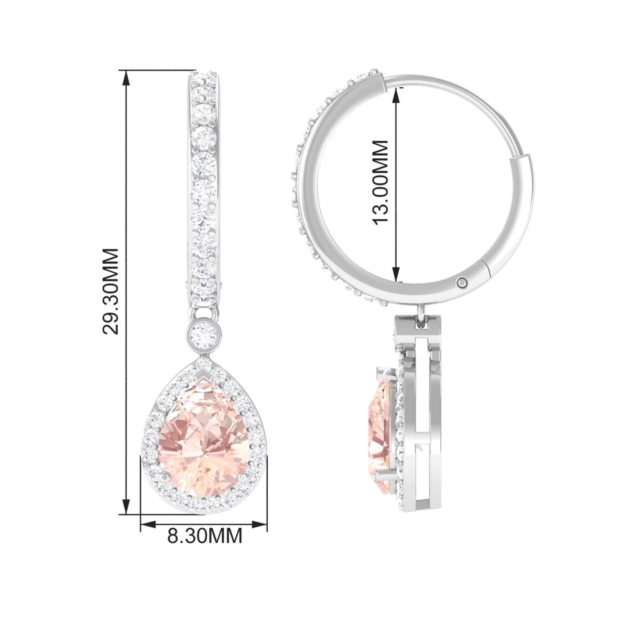 Pear Cut Morganite Hoop Drop Earrings with Diamond Halo Morganite - ( AAA ) - Quality - Rosec Jewels