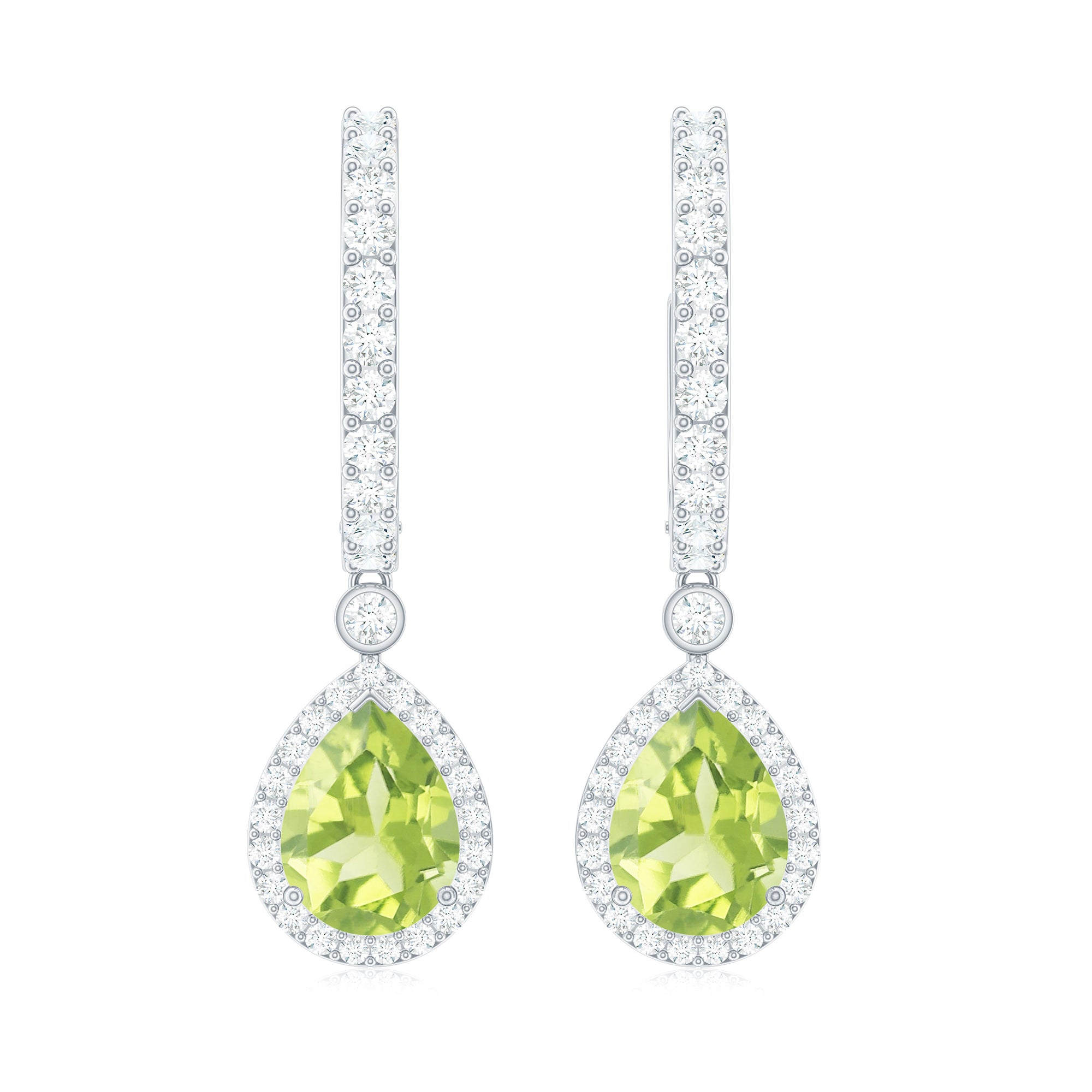 Pear Shape Peridot Hoop Drop Earrings with Moissanite Peridot - ( AAA ) - Quality - Rosec Jewels