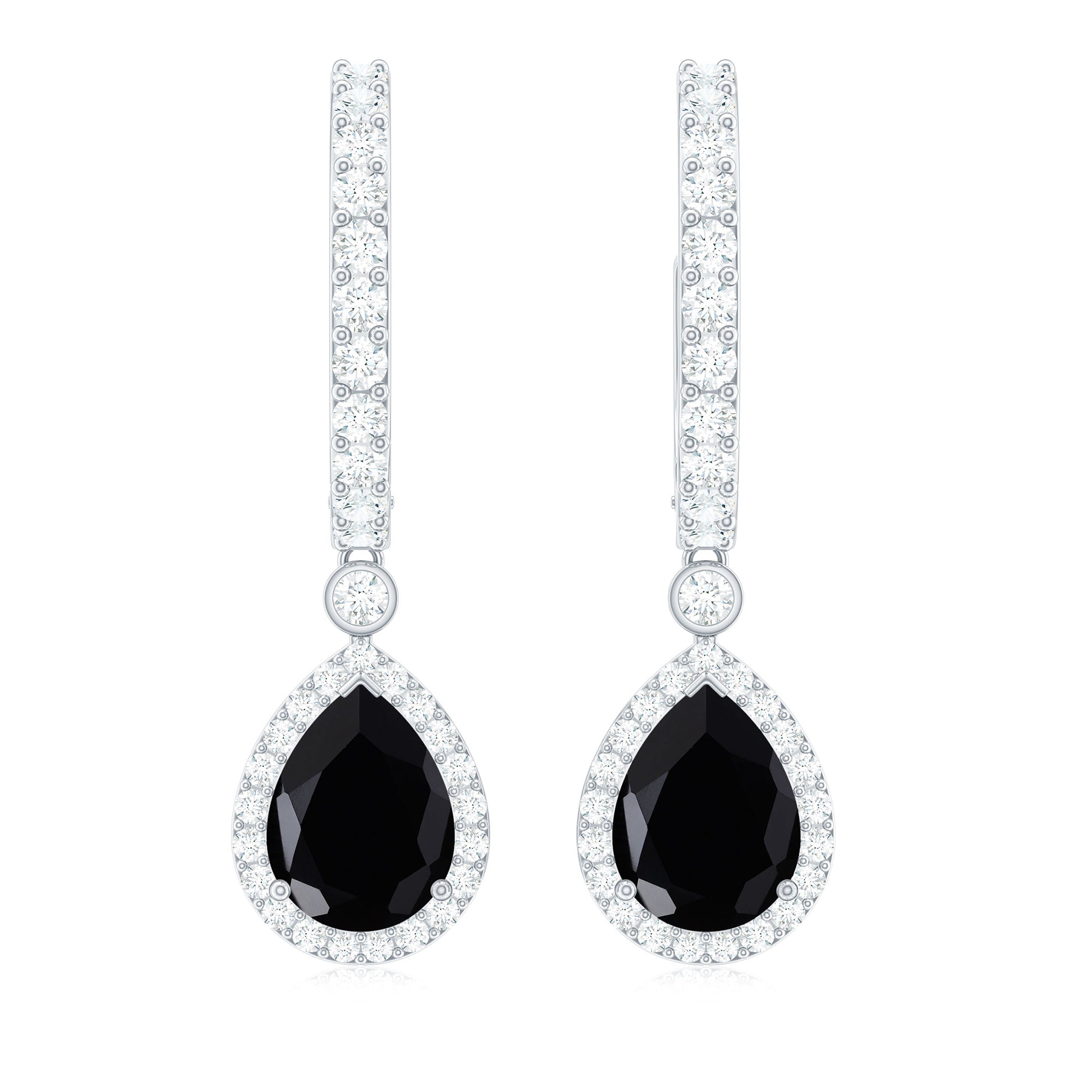 Pear Shape Black Onyx Hoop Drop Earrings with Moissanite Black Onyx - ( AAA ) - Quality - Rosec Jewels