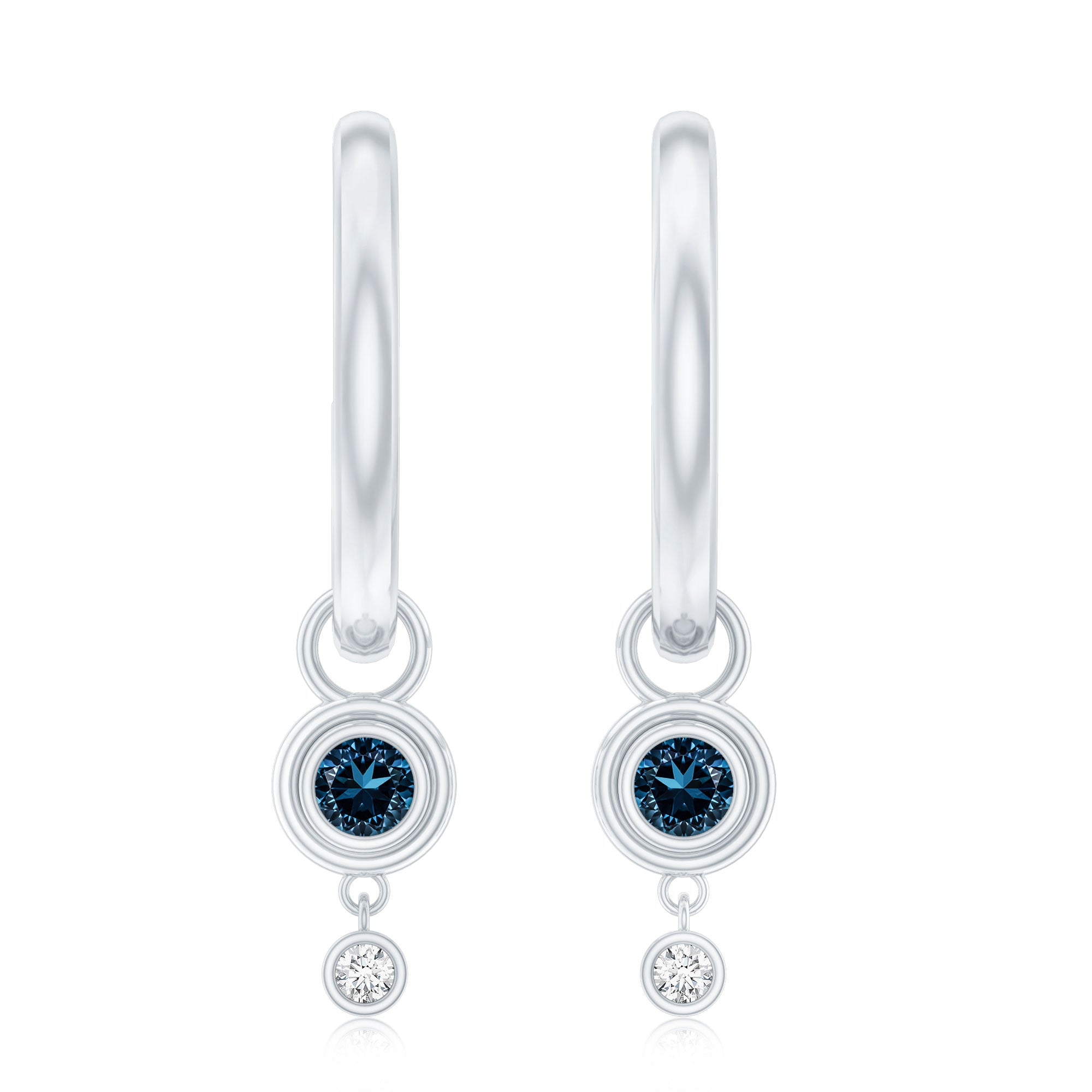 Bezel Set London Blue Topaz and Lab Diamond Hoop Drop Earrings AAA - Rosec Jewels