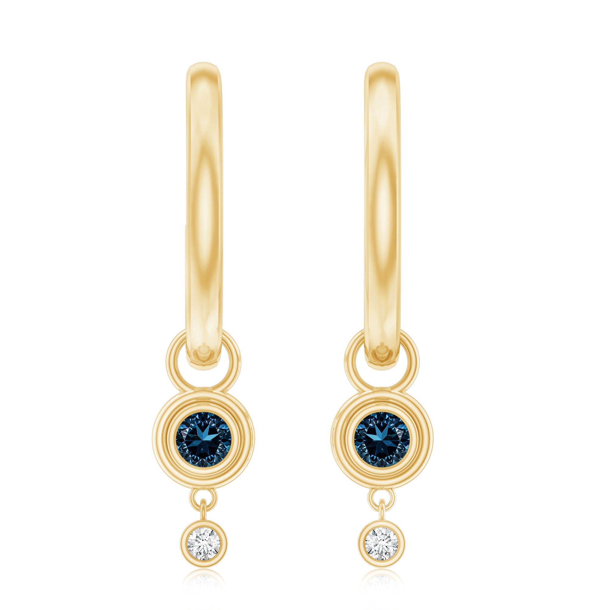 Bezel Set London Blue Topaz and Lab Diamond Hoop Drop Earrings AAA - Rosec Jewels