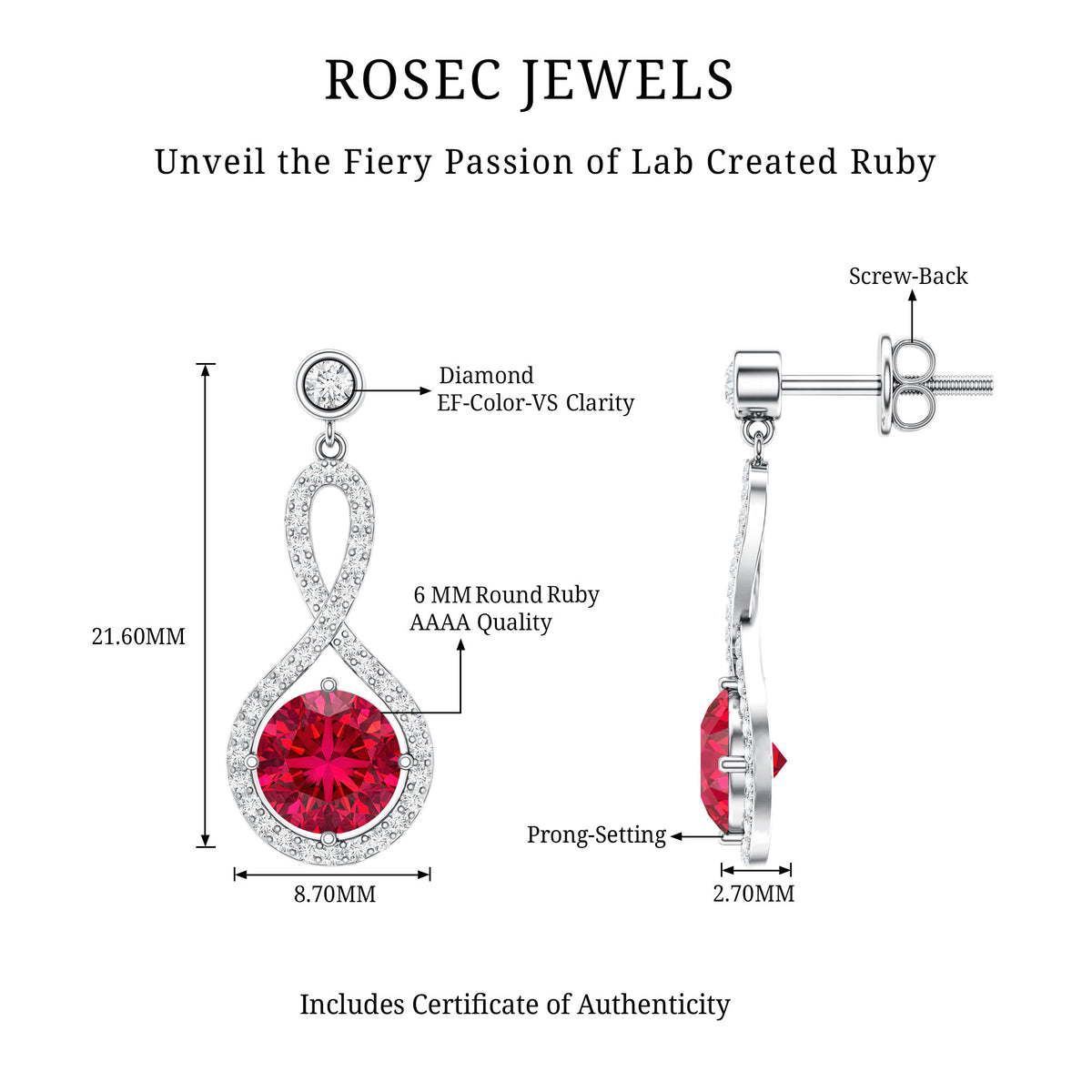 Lab Grown Ruby Diamond Drop Earrings AAAA - Rosec Jewels