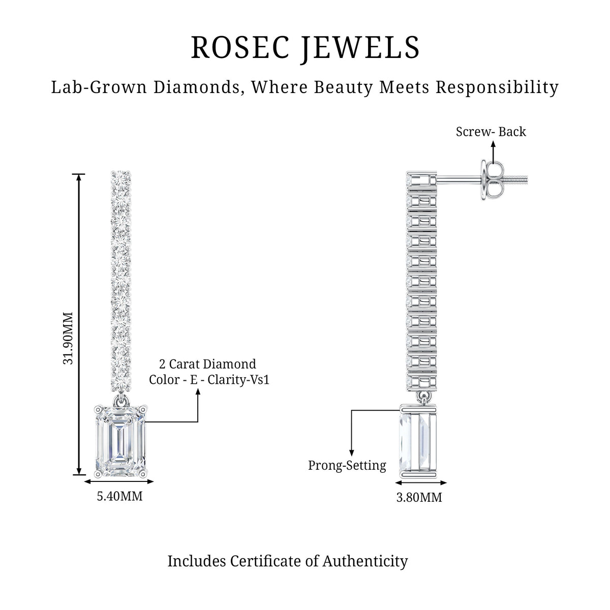 2 Carat Emerald Cut Lab Grown Diamond Bridal Drop Earrings with IGI Certificate Lab - ( E-VS1 ) - Rosec Jewels