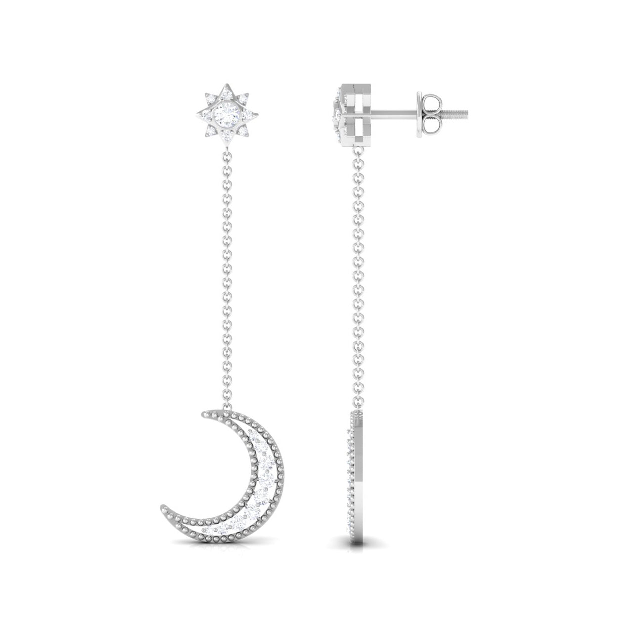Rosec Jewels-1/2 CT Diamond Star and Moon Drop Chain Earrings