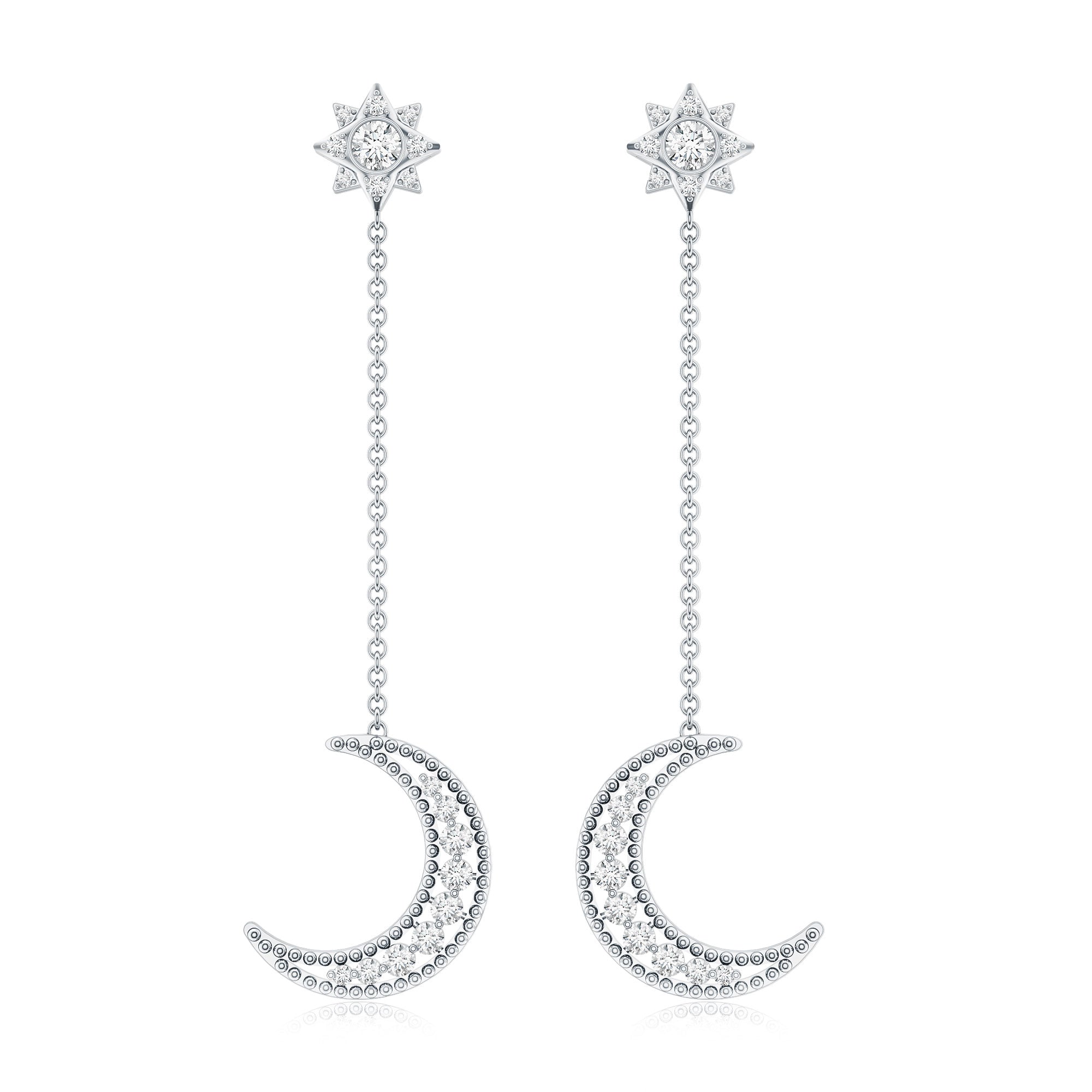 Certified Diamond Star and Moon Chain Earrings Natural - ( HI-SI ) - Rosec Jewels